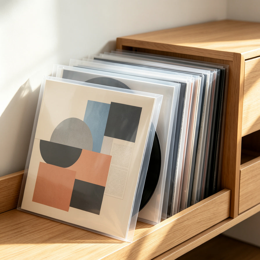 Vinyl records stored vertically in clear outer sleeves for long-term protection