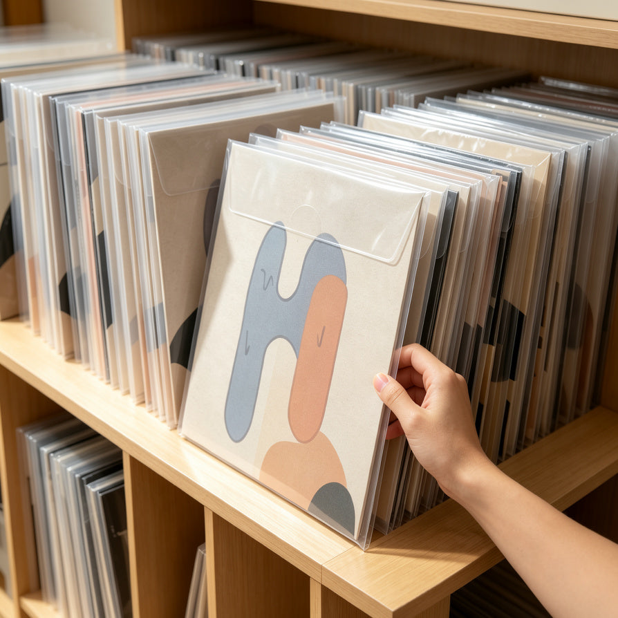 Well organized vinyl record collection using clear outer sleeves