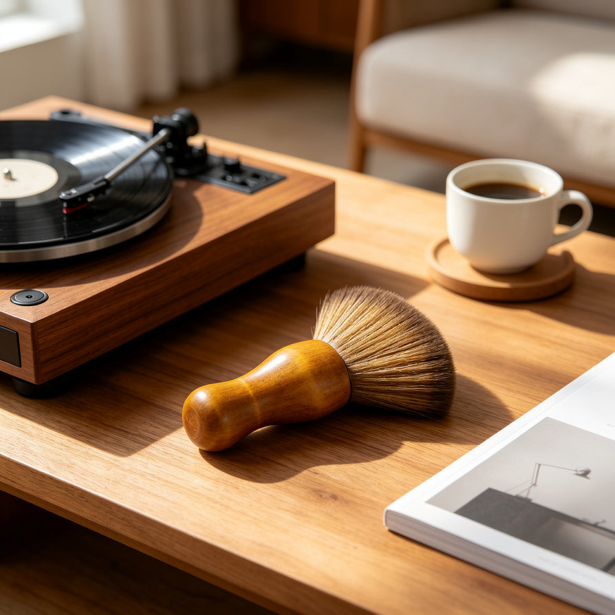 AUDURA premium vinyl record cleaning brush in a modern listening room