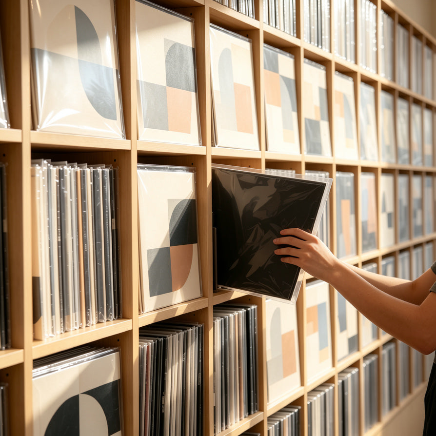 Record store organizing vinyl records with clear protective outer sleeves