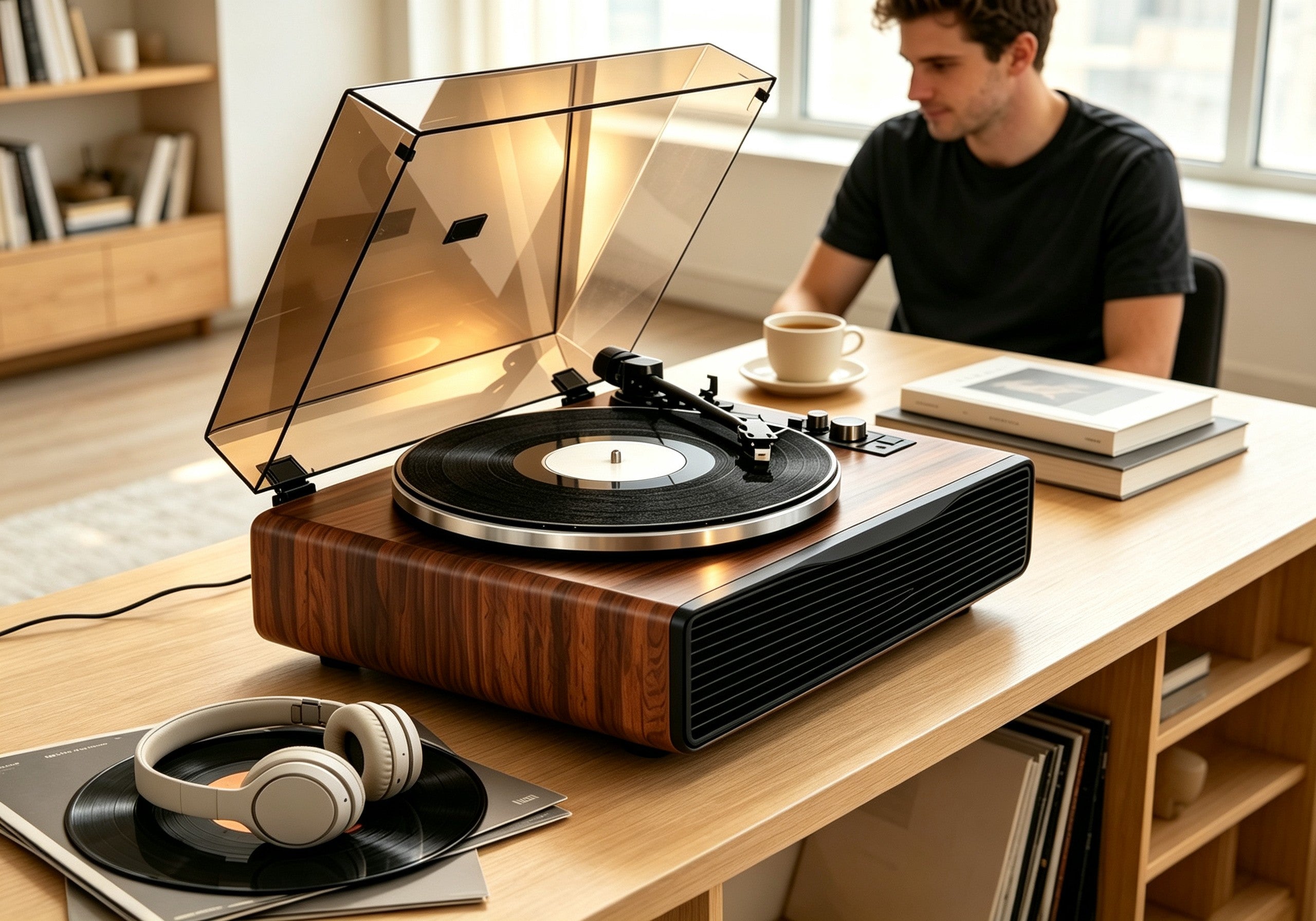 Simple beginner vinyl record player setup at home