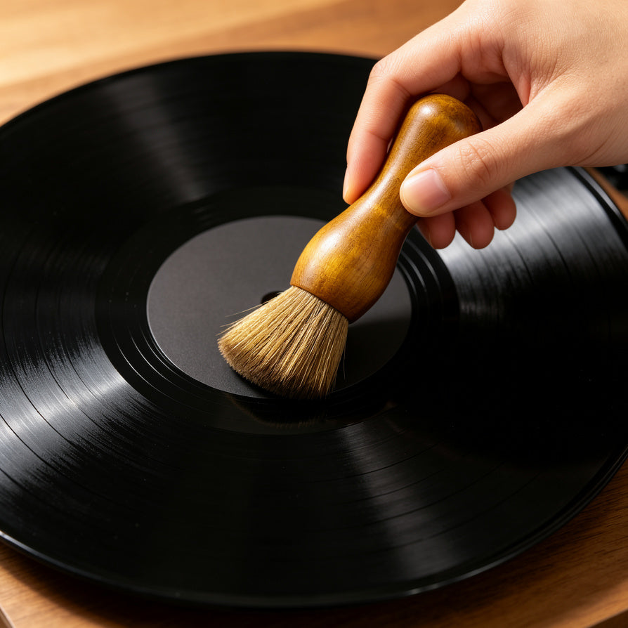 Using AUDURA vinyl record cleaning brush before playback