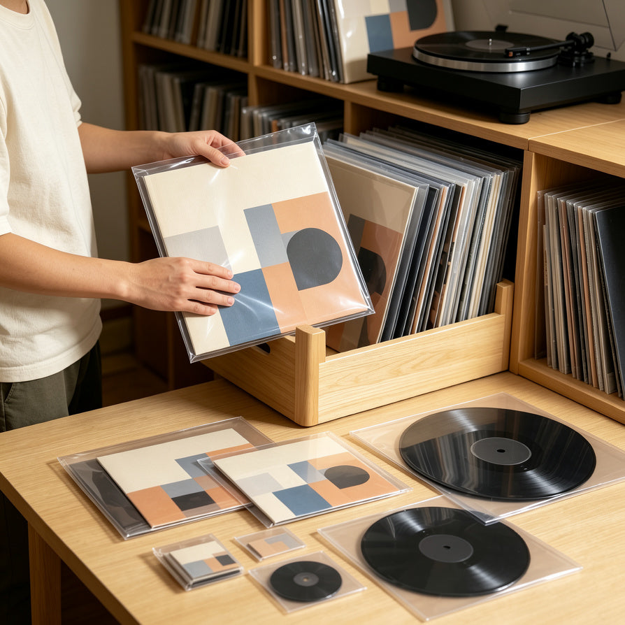 Vinyl collector protecting record jackets with clear outer sleeves