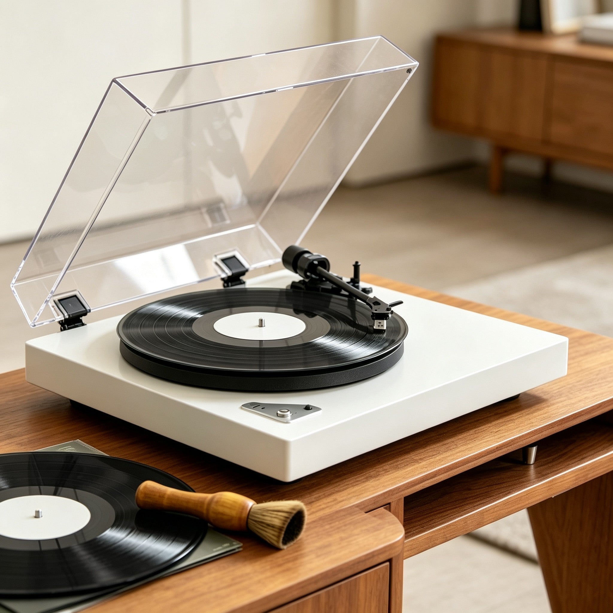 Record cleaning brush for vinyl record maintenance