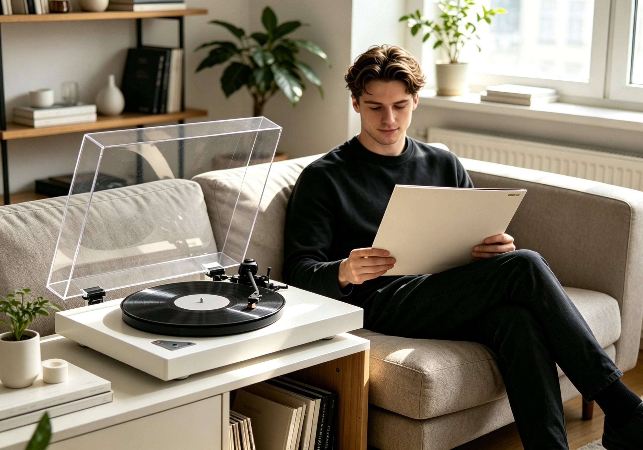 Enjoying vinyl music with a modern record player at home