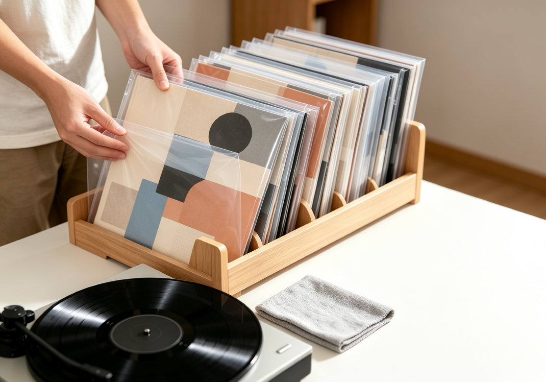 Handling a vinyl record protected by a clear outer sleeve to reduce dust, fingerprints and jacket wear