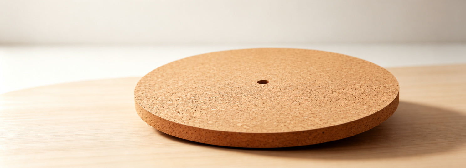 AUDURA 12 inch cork turntable mat designed to reduce static and improve vinyl playback stability