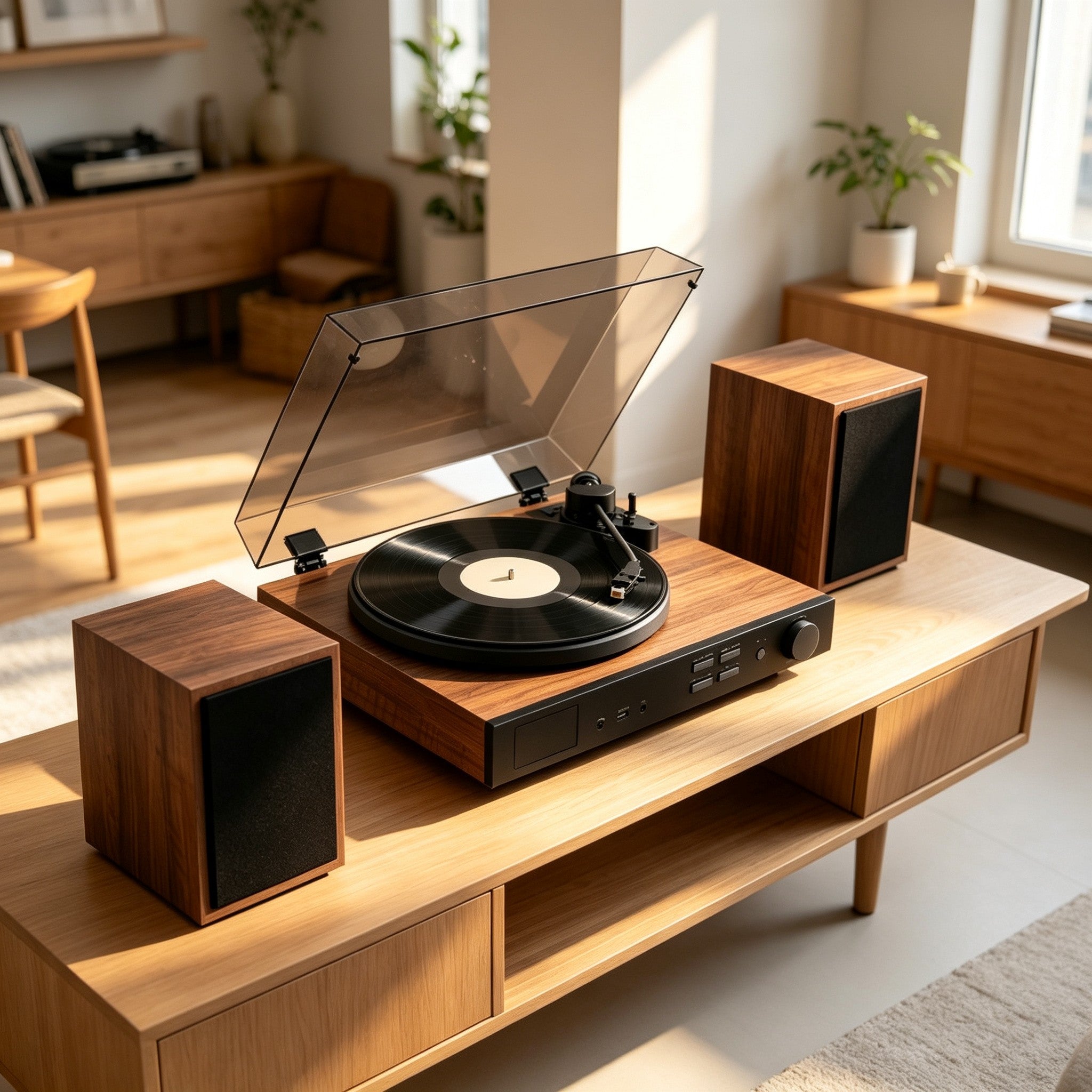 AUDURA turntable and speakers creating a balanced home listening experience