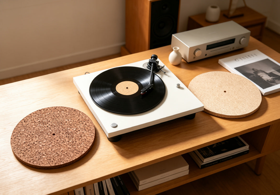 AUDURA cork turntable mat installed in a premium home vinyl listening system for cleaner and more stable playback