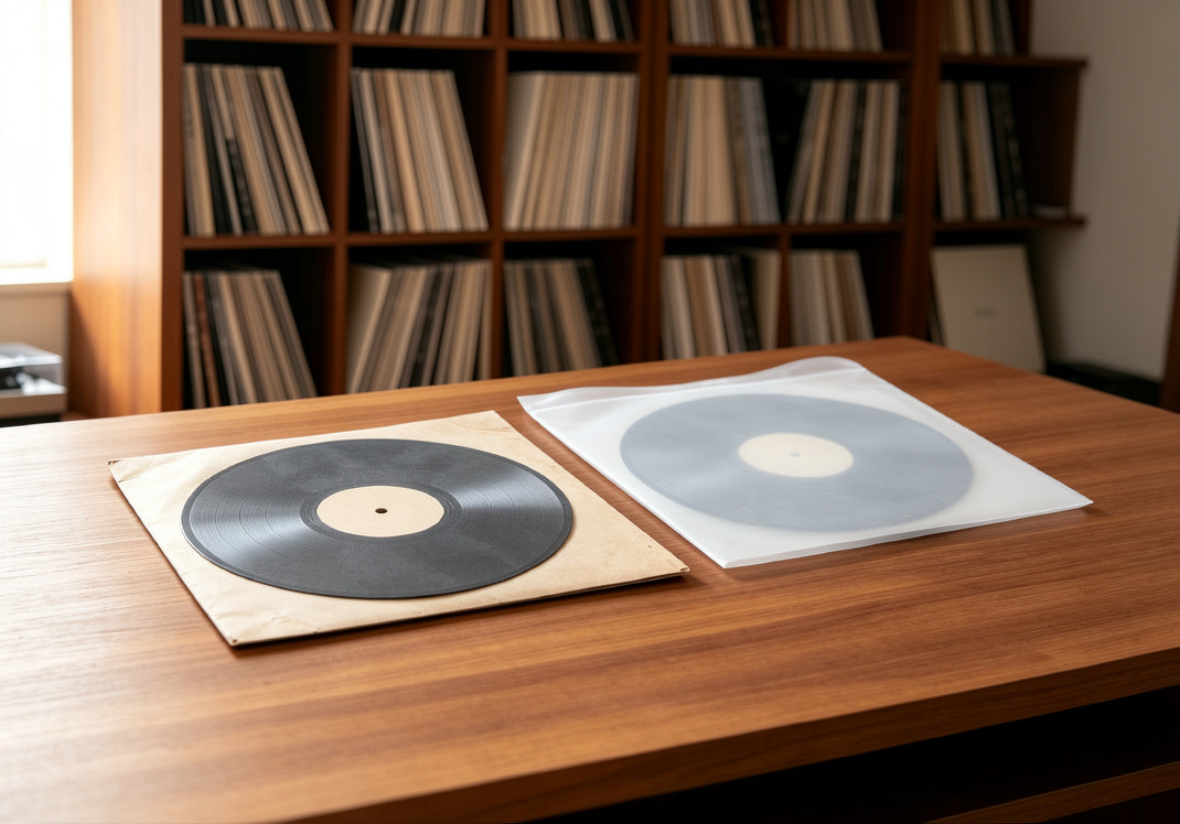 AUDURA archival anti static inner sleeve compared with a standard factory paper record sleeve