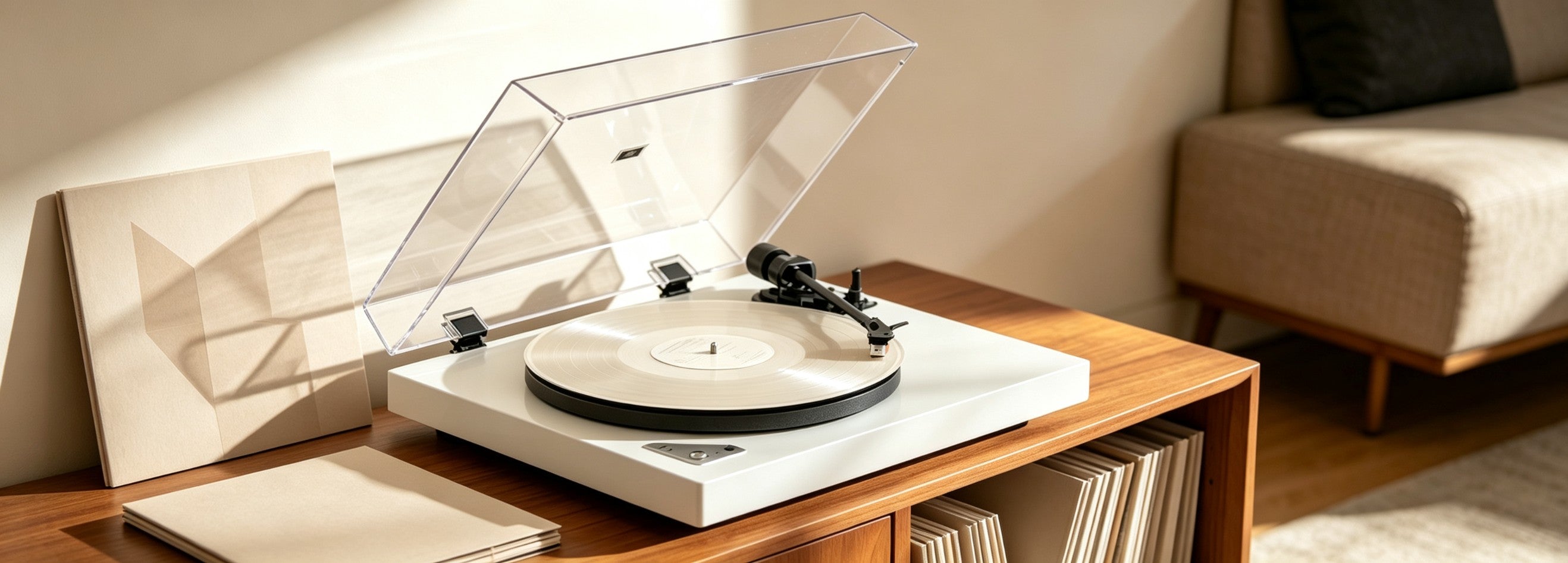 AUDURA turntable setup and vinyl listening experience in a modern home