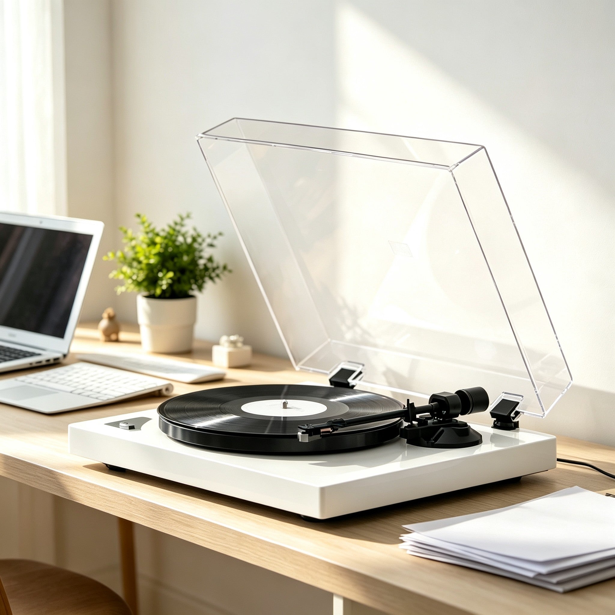 AUDURA turntable setup in modern home office