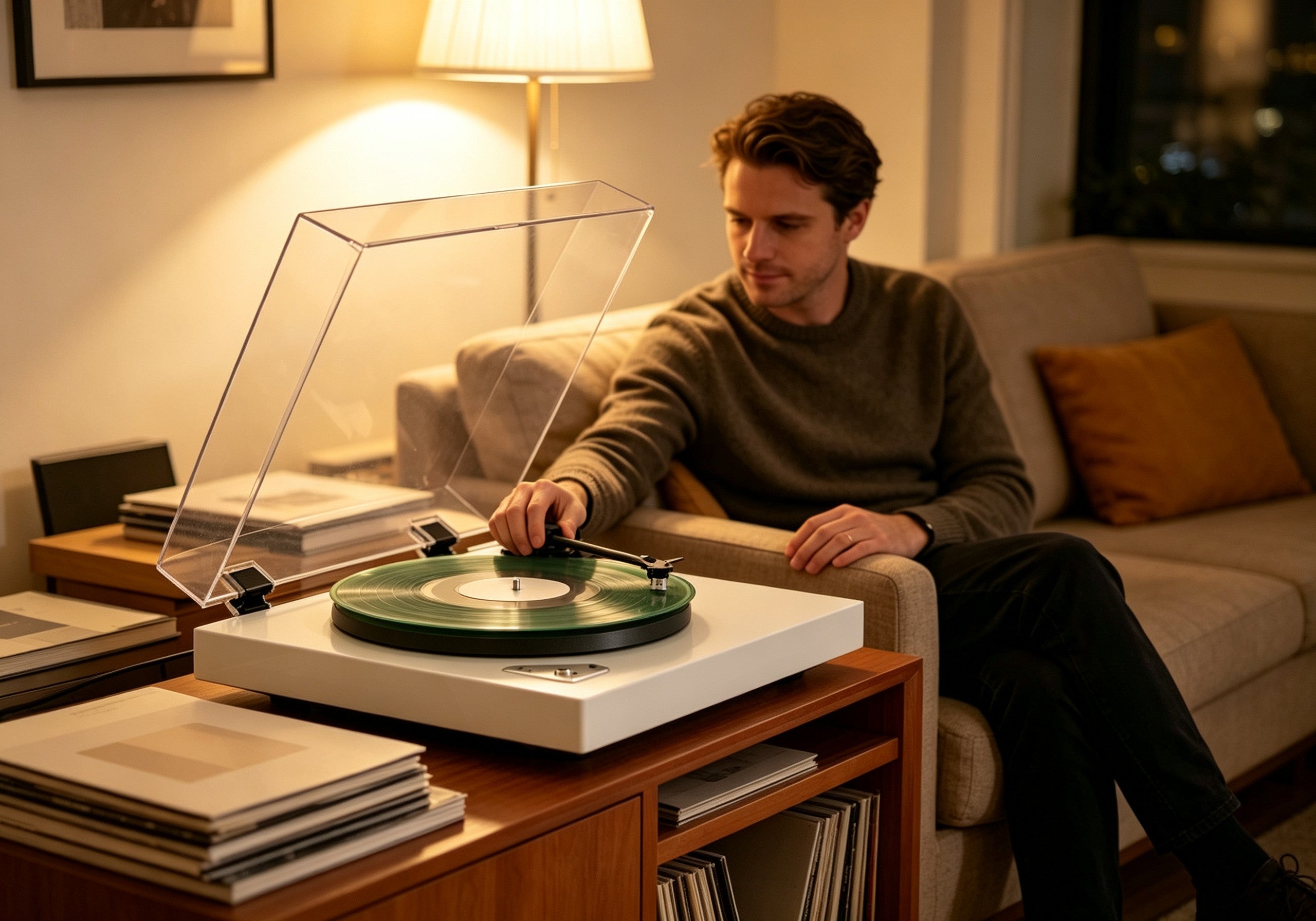 Person enjoying vinyl music with AUDURA turntable at home