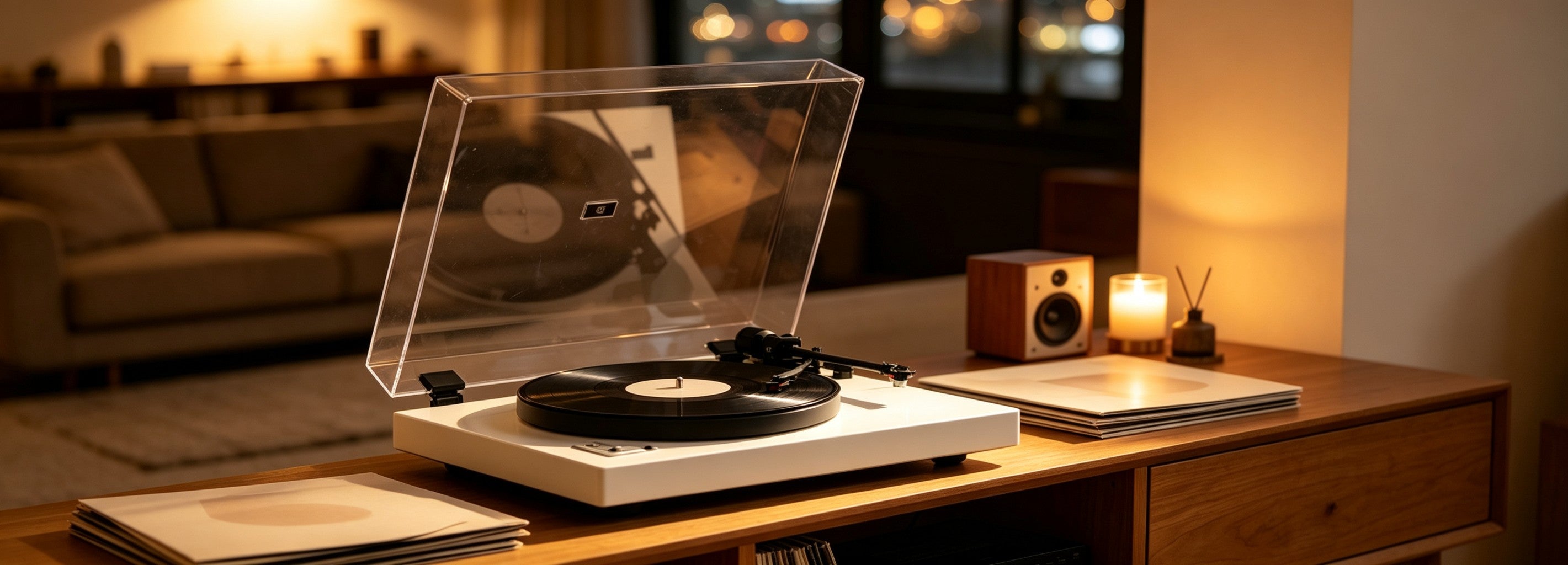 AUDURA music lifestyle experience with a turntable in a warm modern home