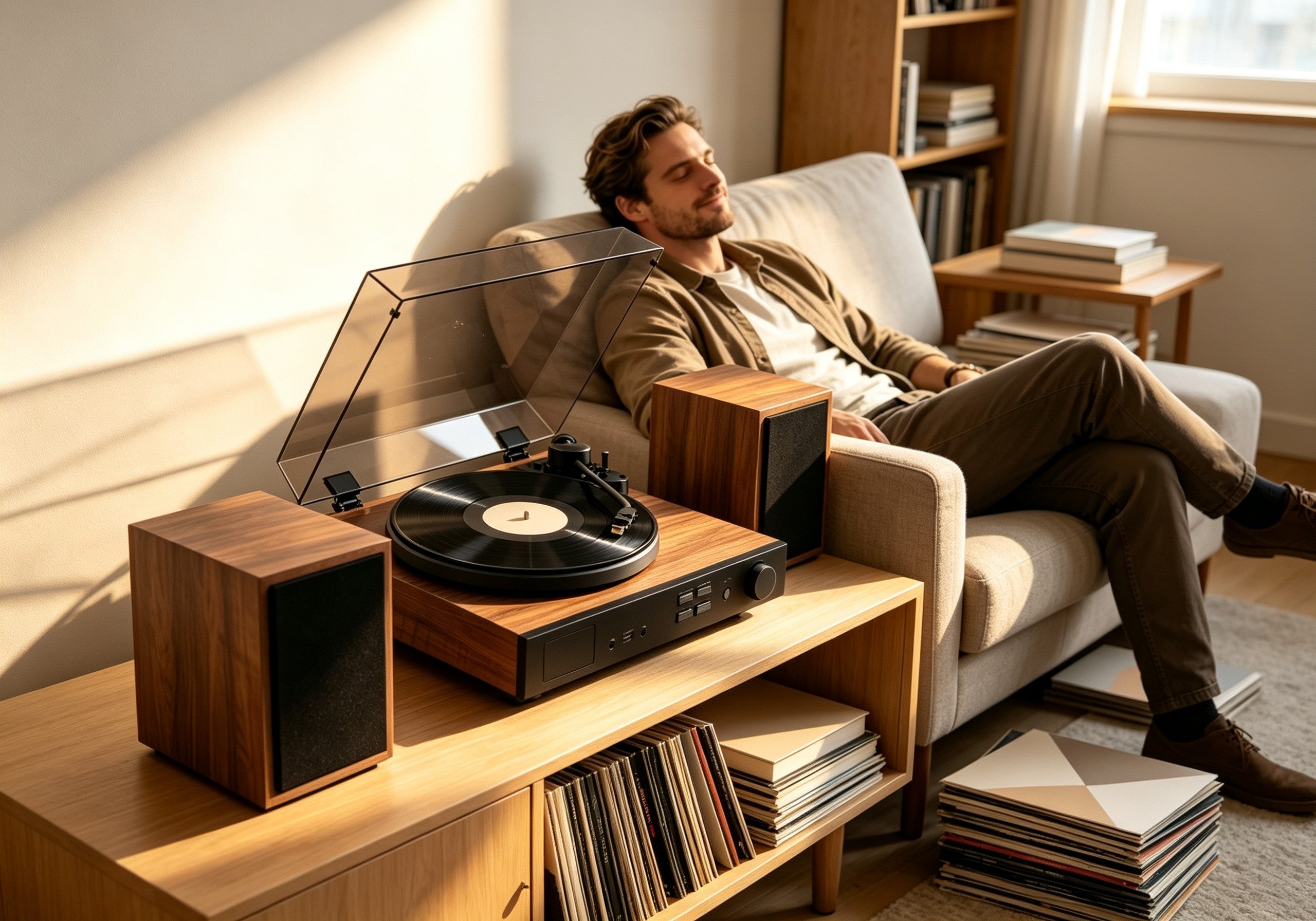 Music lover enjoying vinyl listening experience with AUDURA