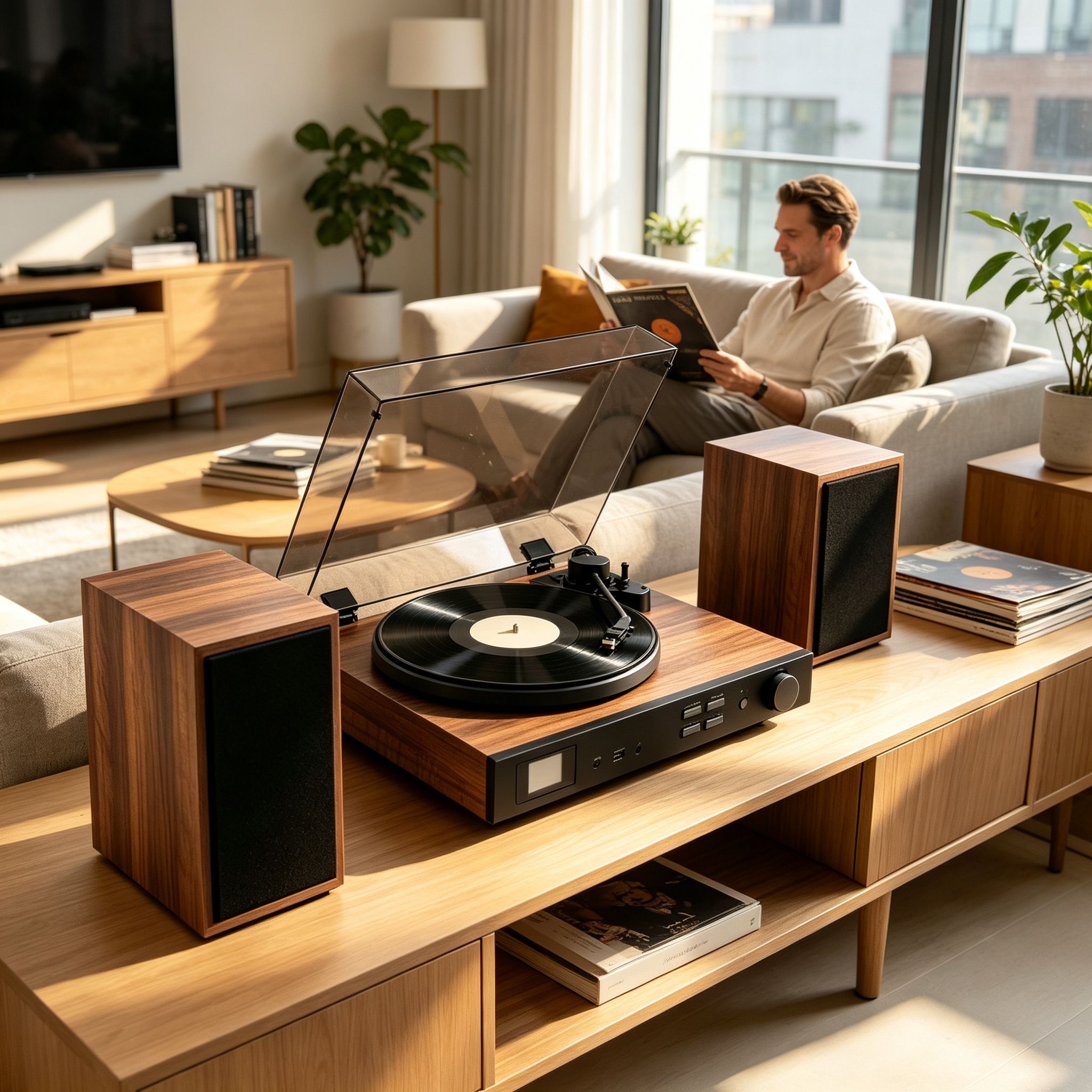 AUDURA One complete home vinyl system with turntable and speakers in a modern living room