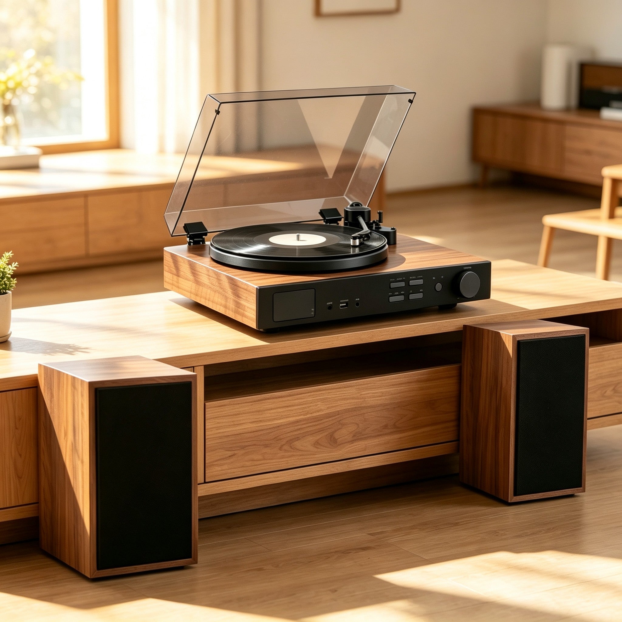 AUDURA One complete home audio system combining vinyl, Bluetooth, and stereo speakers