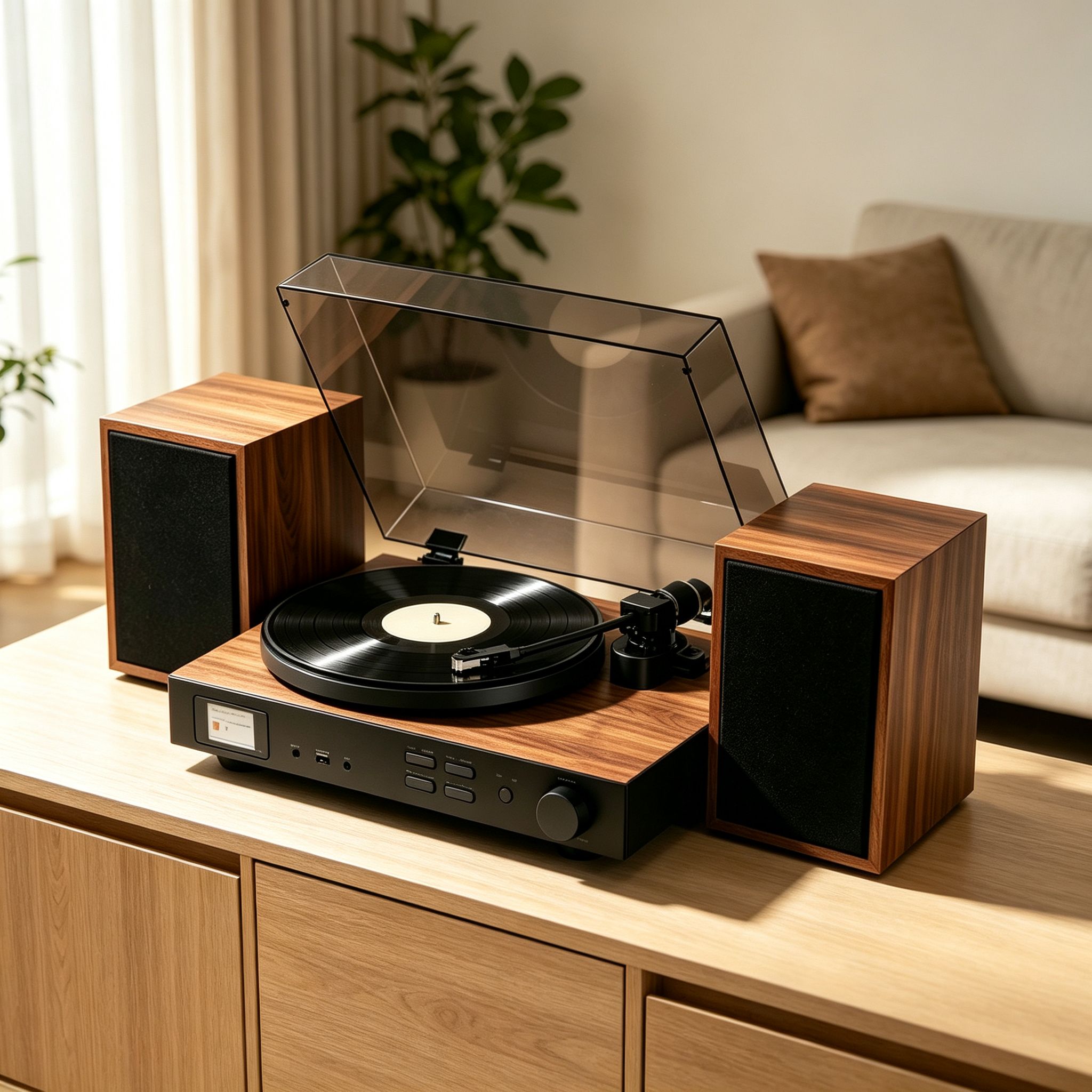 AUDURA One ready to play with vinyl record and stereo speakers