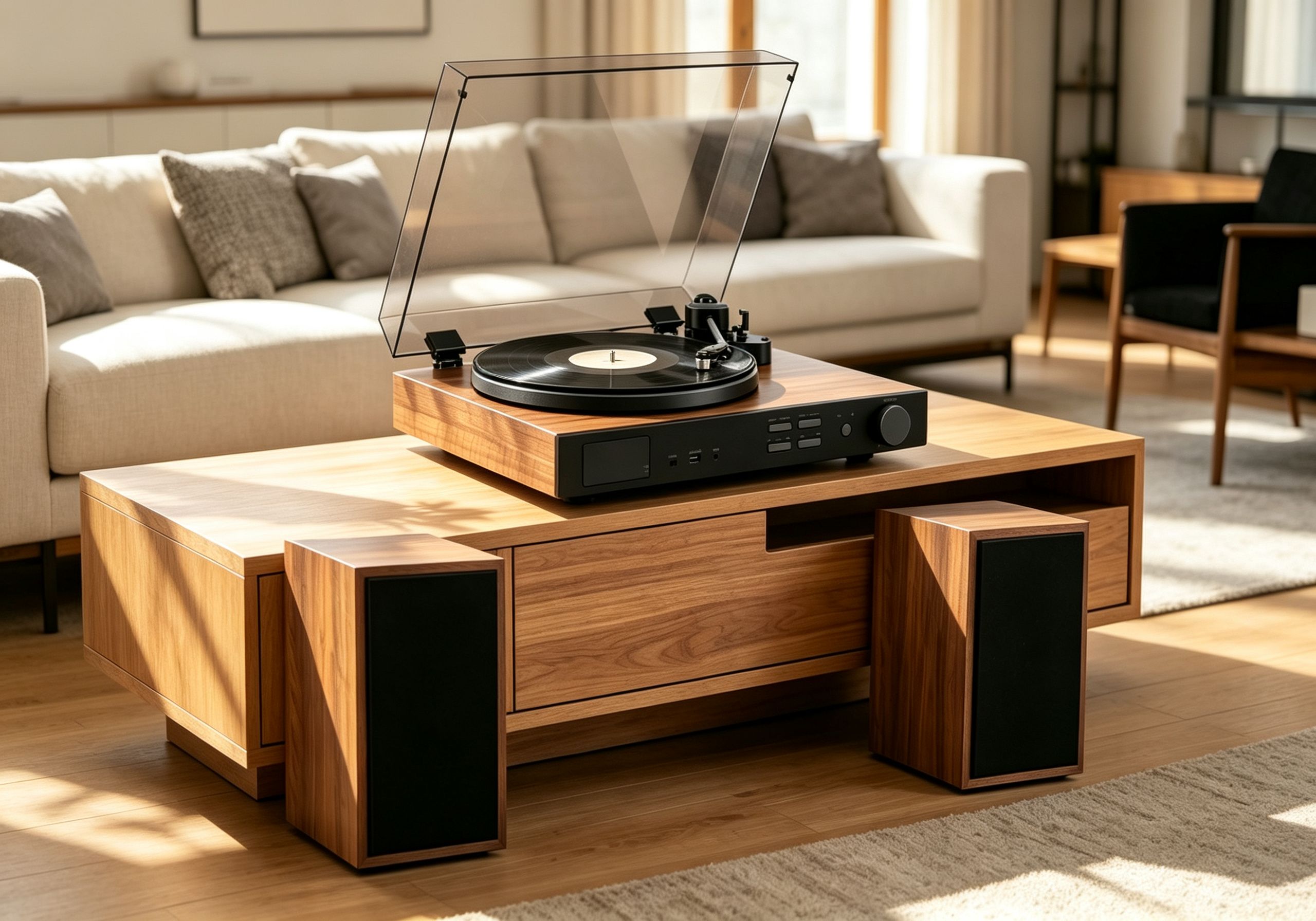 AUDURA One Walnut vinyl audio system styled in a modern home