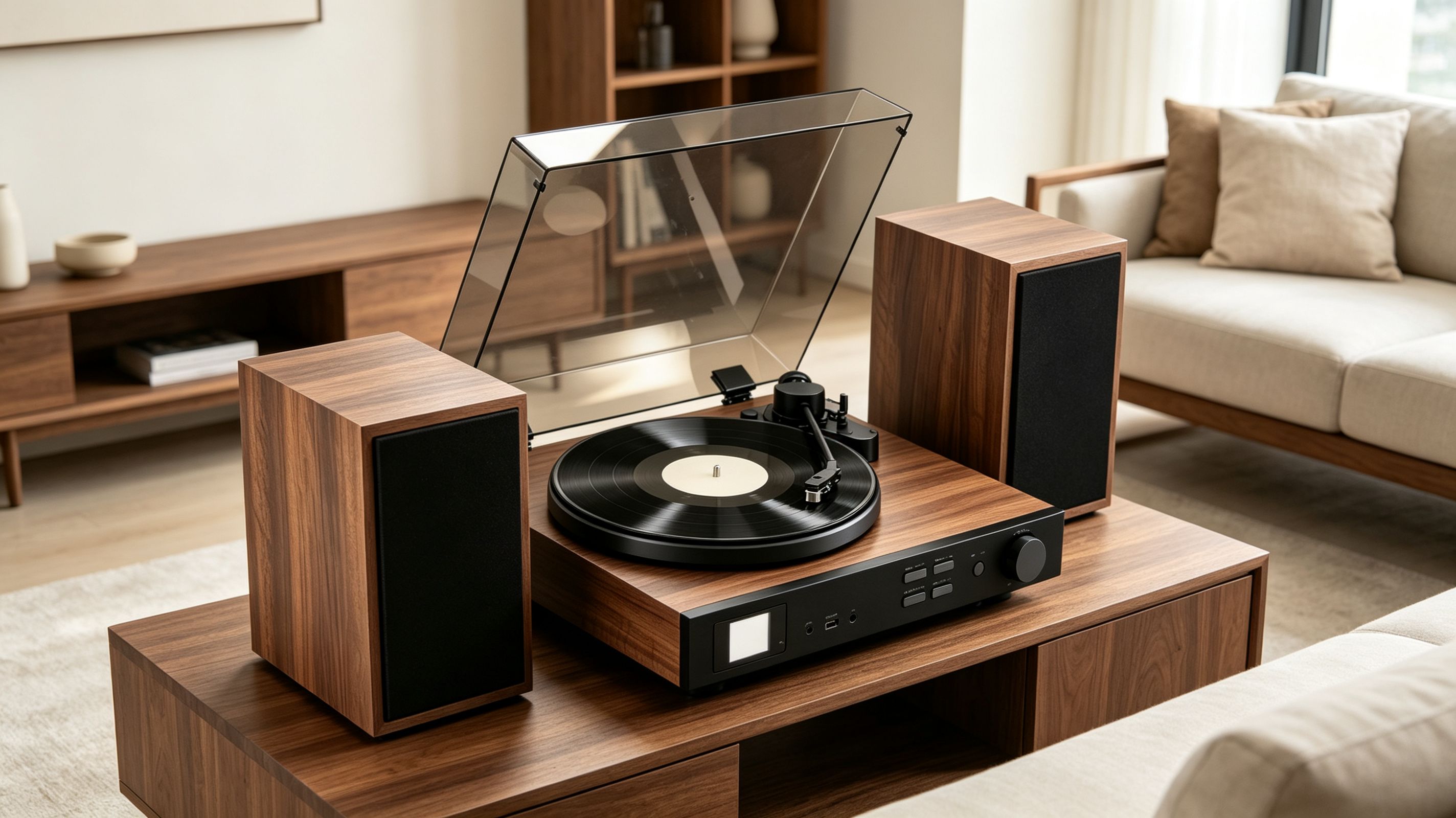 AUDURA One Walnut turntable system in a modern home interior