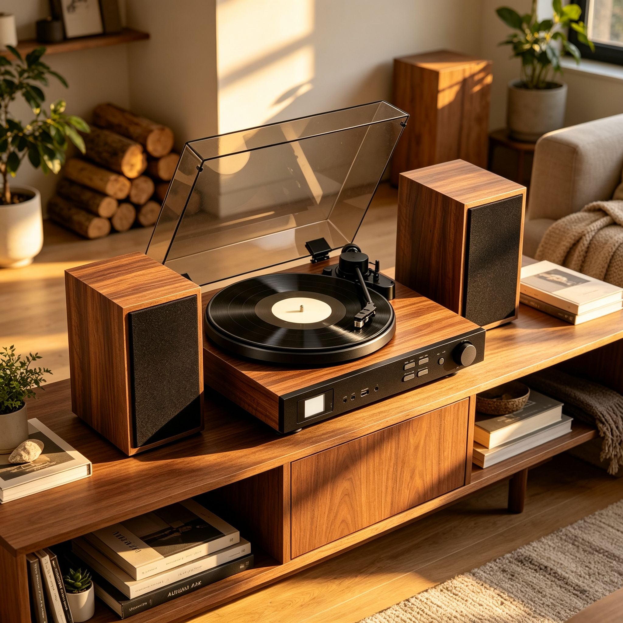 AUDURA One Walnut turntable and stereo speakers in a modern living room