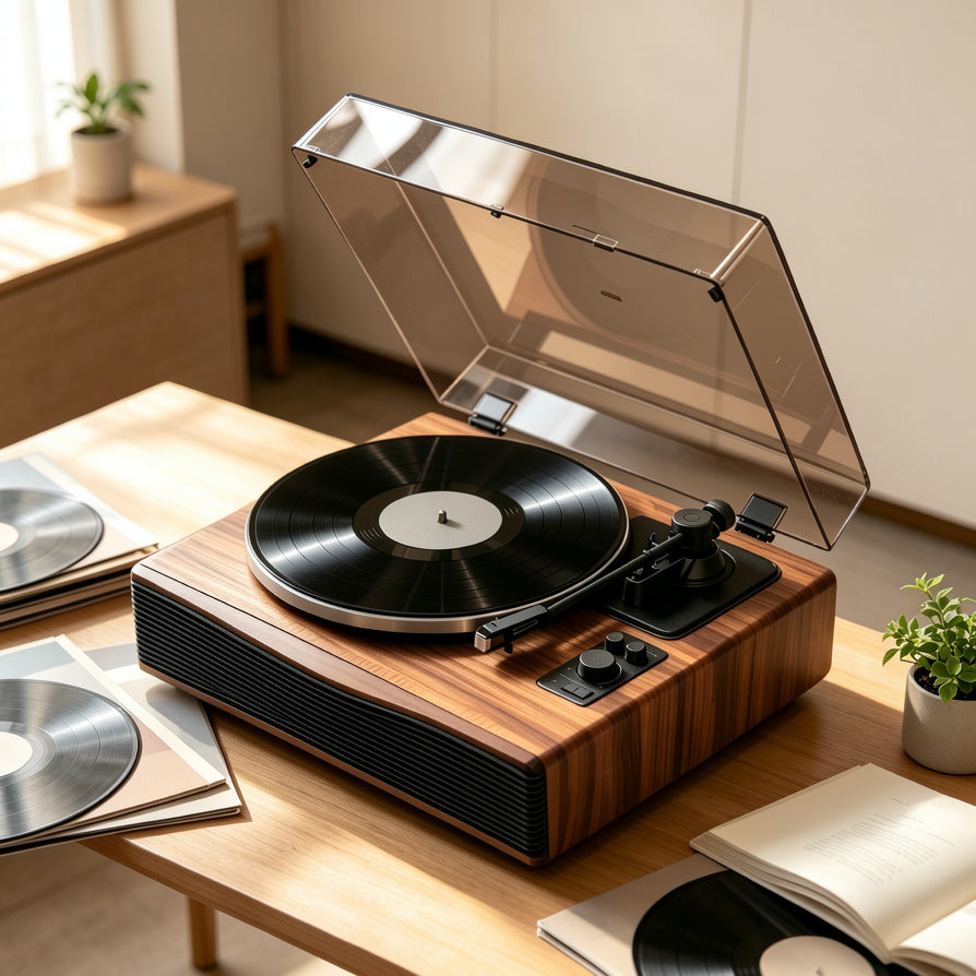 AUDURA Play all in one record player with built in speakers for easy vinyl listening