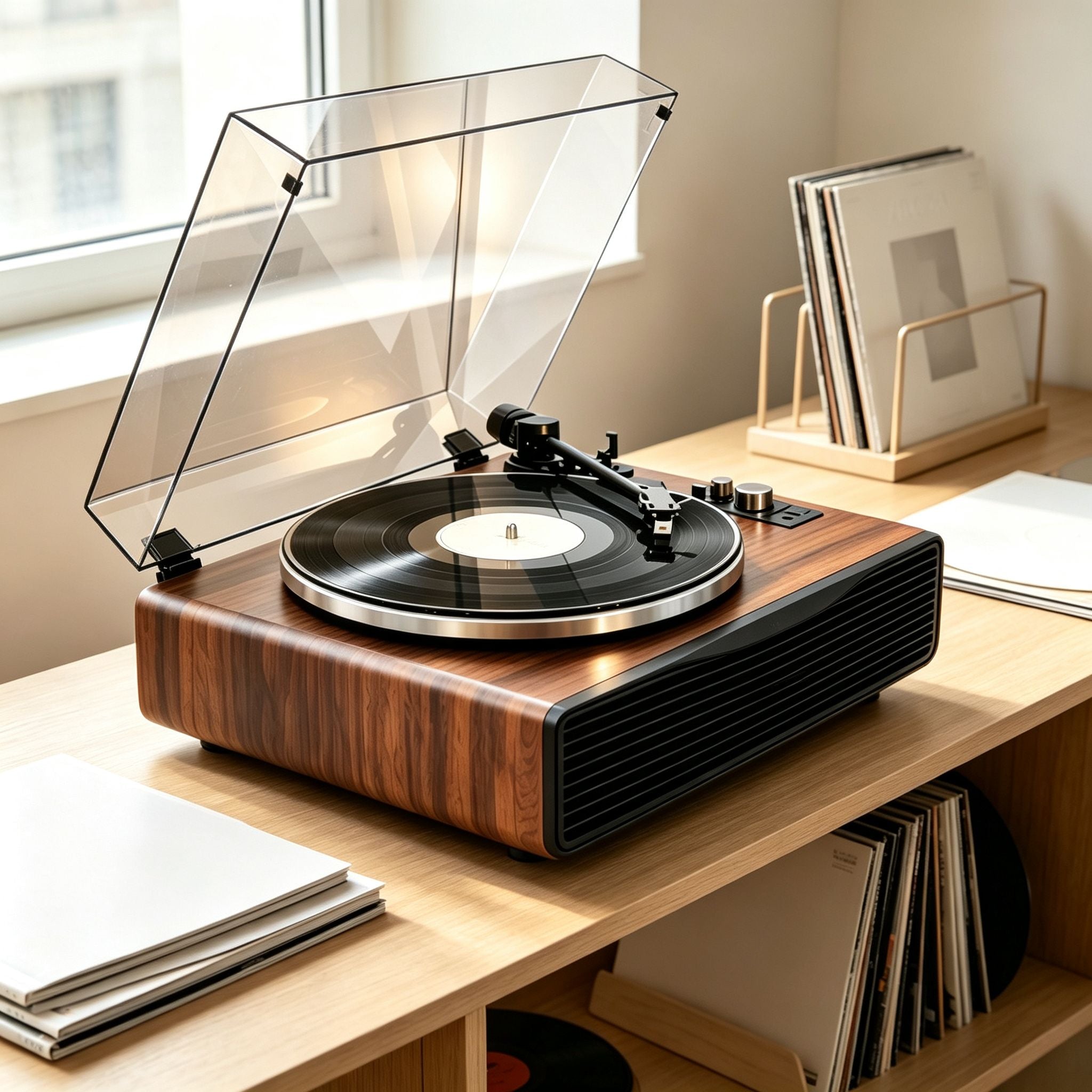 AUDURA Play all-in-one vinyl record player with built-in speakers in a modern apartment listening space
