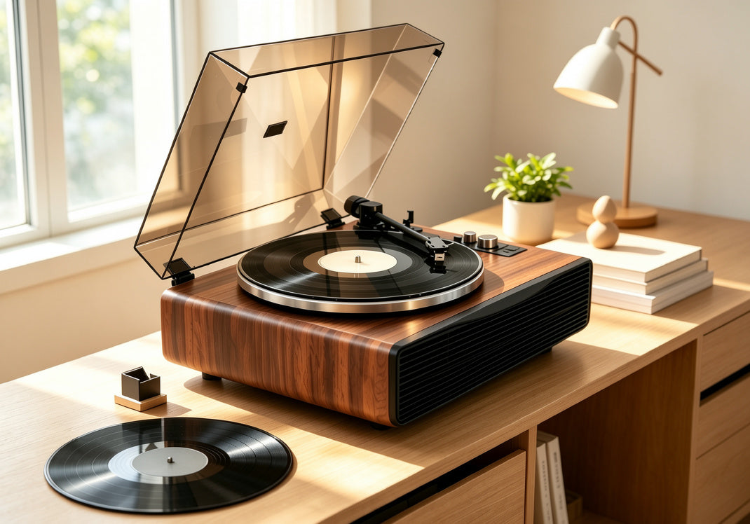 AUDURA Play all in one vinyl record player with built in speakers for easy listening
