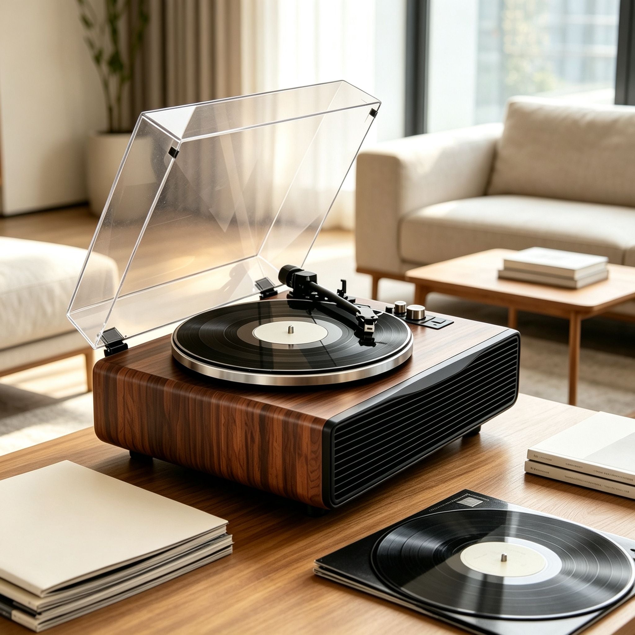 AUDURA Play all-in-one vinyl system with speakers in modern living room