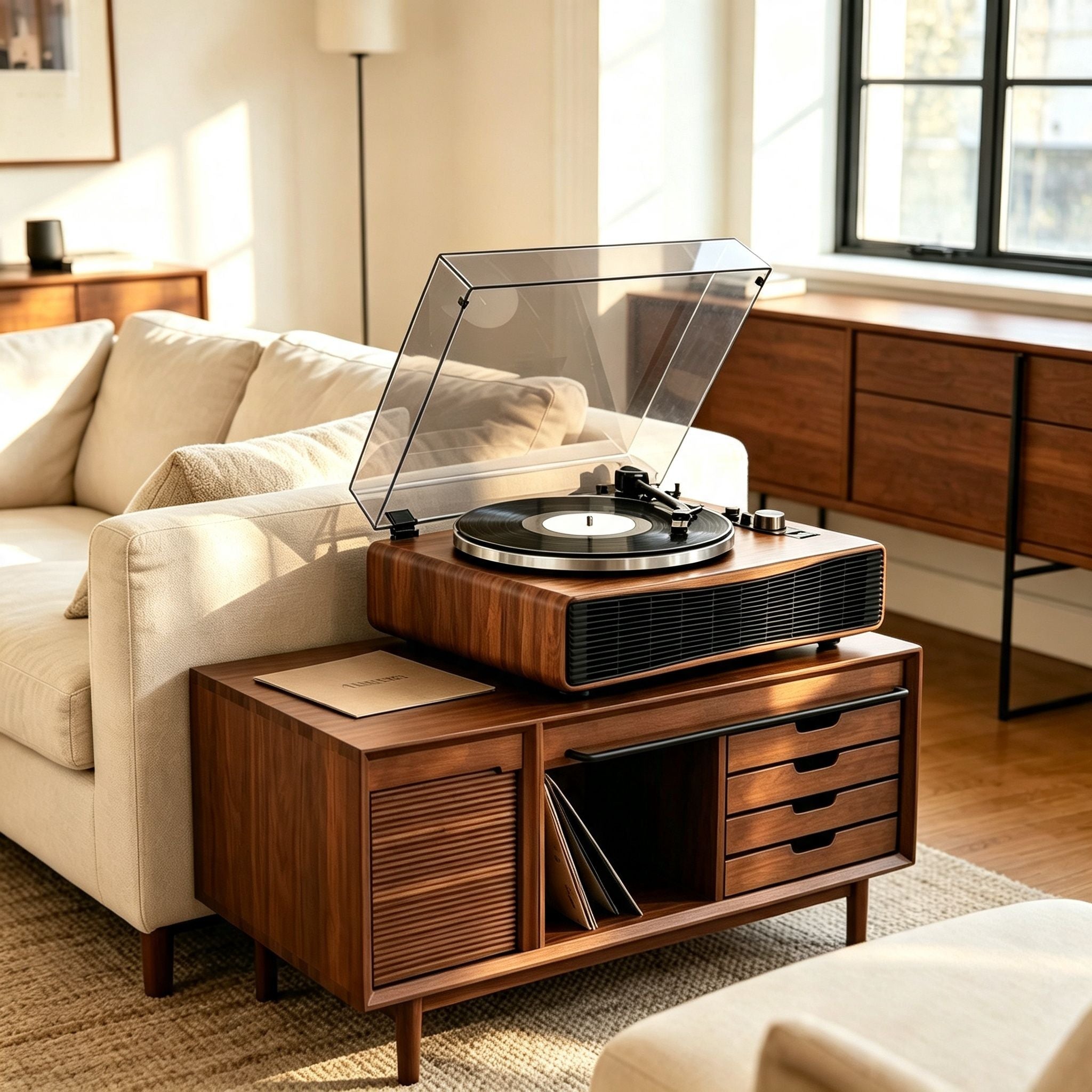 AUDURA Play Walnut all-in-one vinyl music system in a modern living room