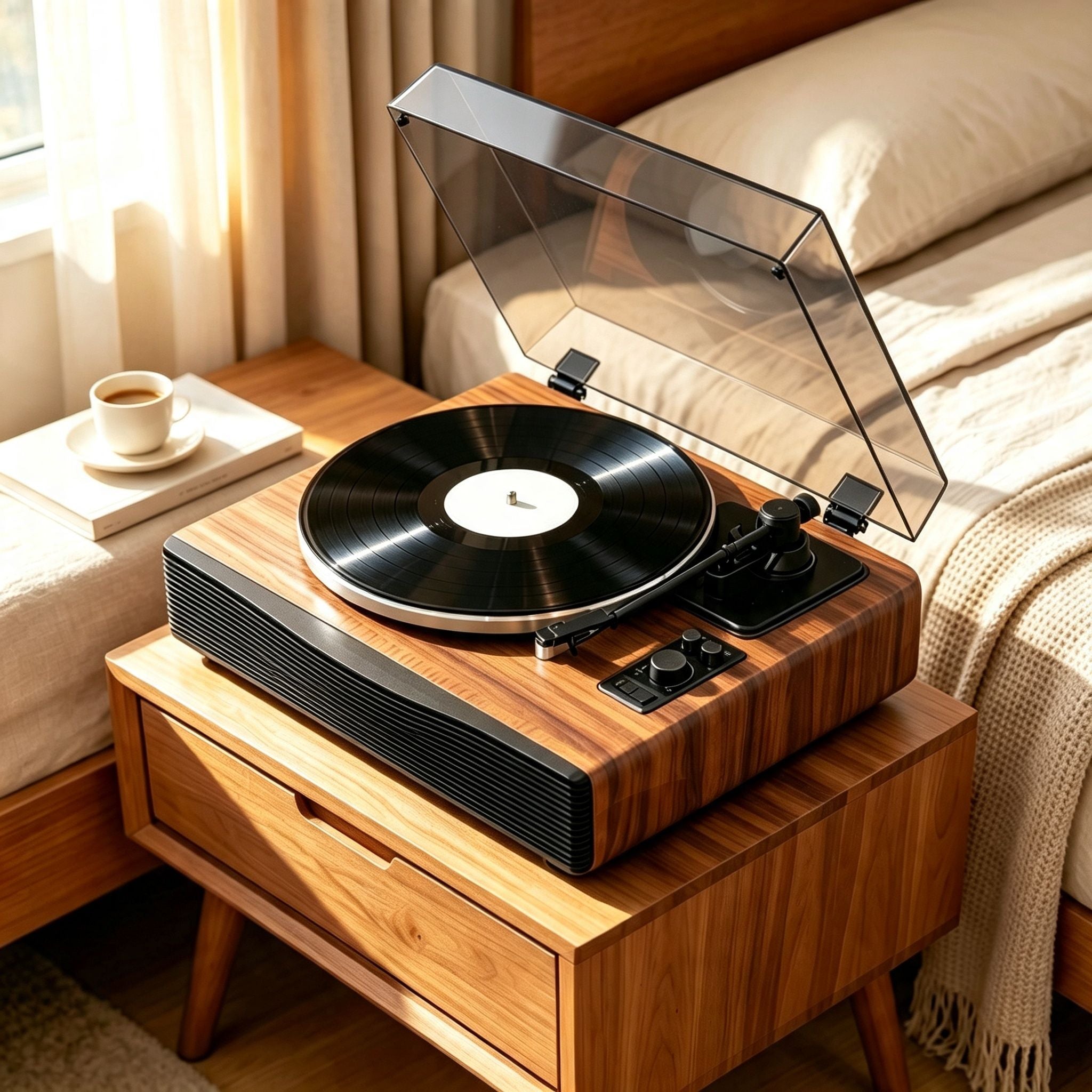 AUDURA Play Walnut record player in a modern bedroom