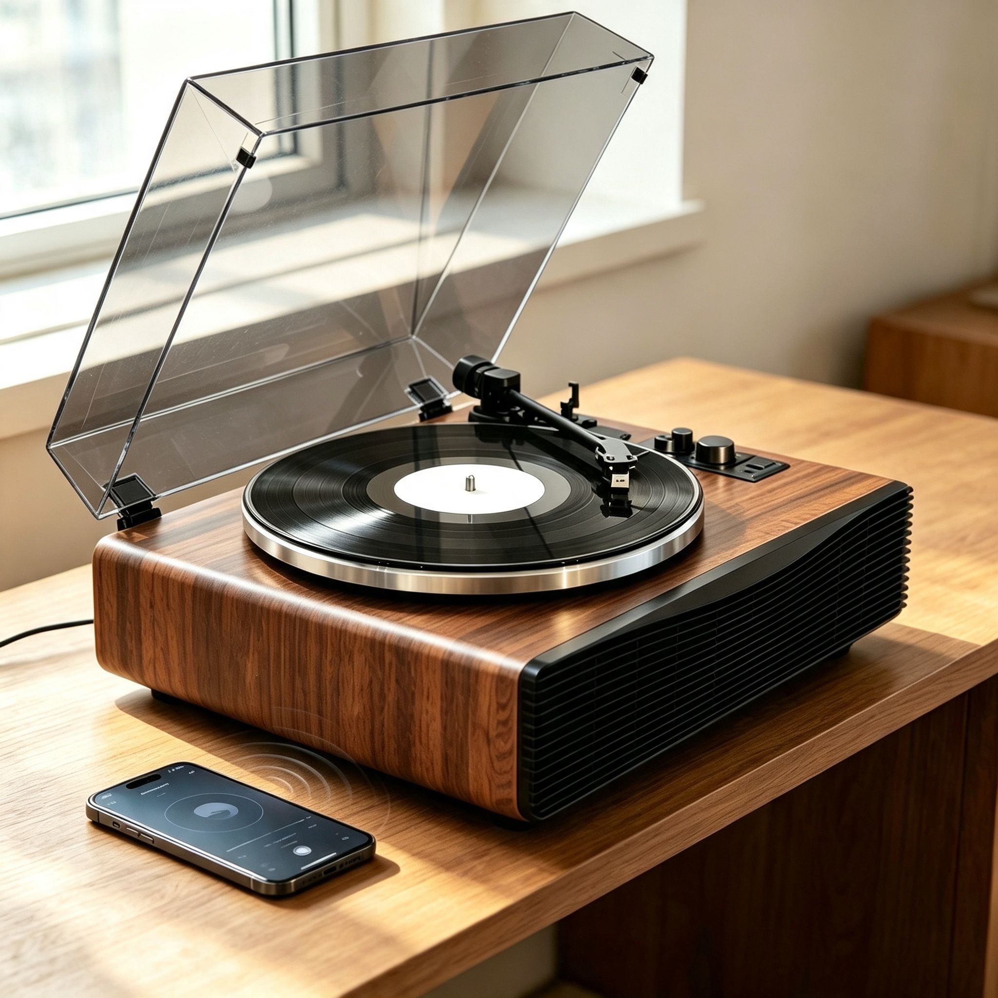 AUDURA Play Walnut Bluetooth record player connected to a smartphone