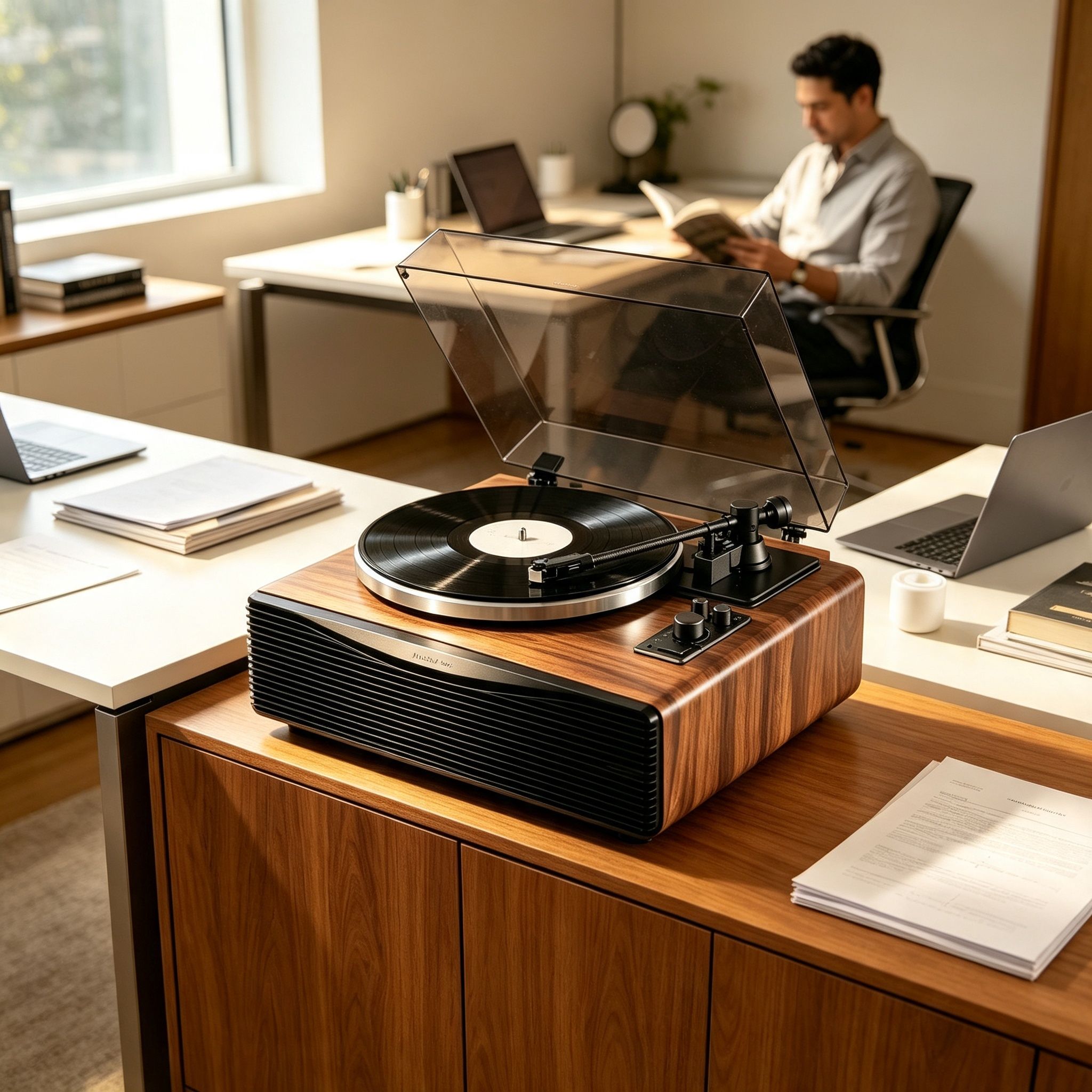 AUDURA Play Walnut record player in a modern home office
