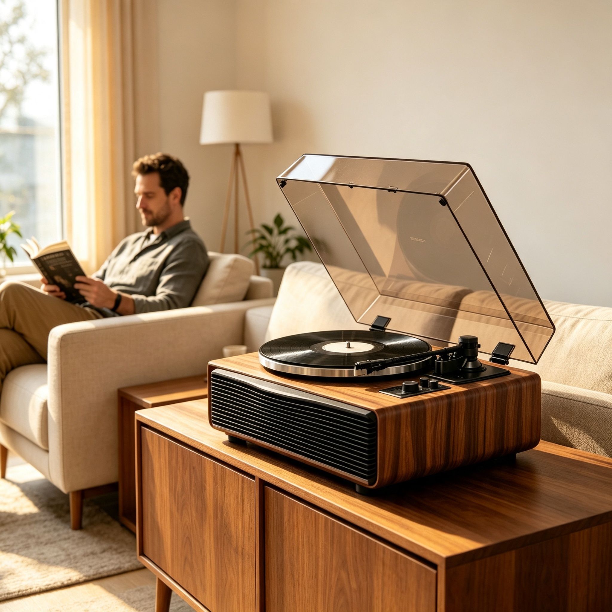 AUDURA Play Walnut all-in-one record player in a modern living room
