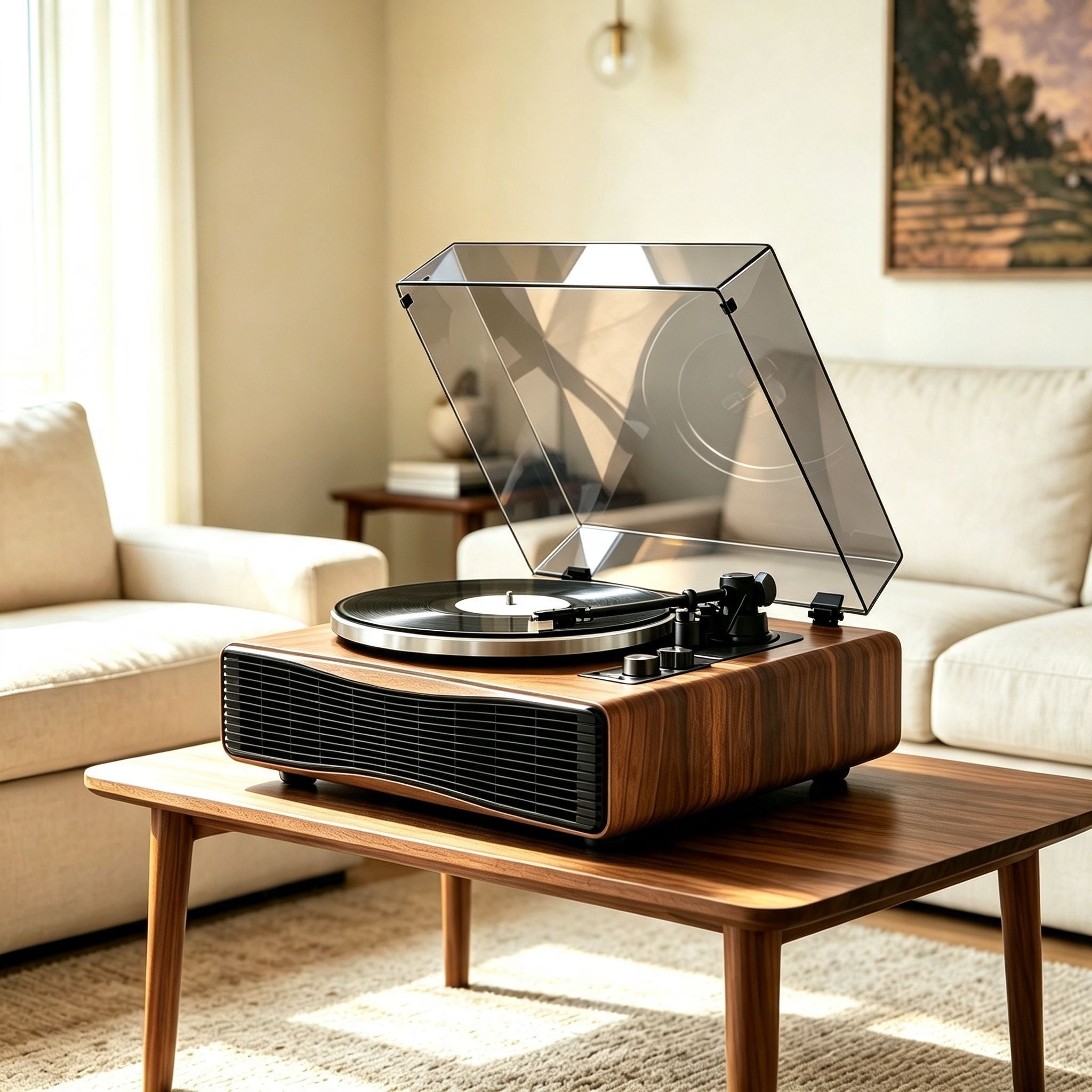 AUDURA Play Walnut all-in-one record player in a modern living room