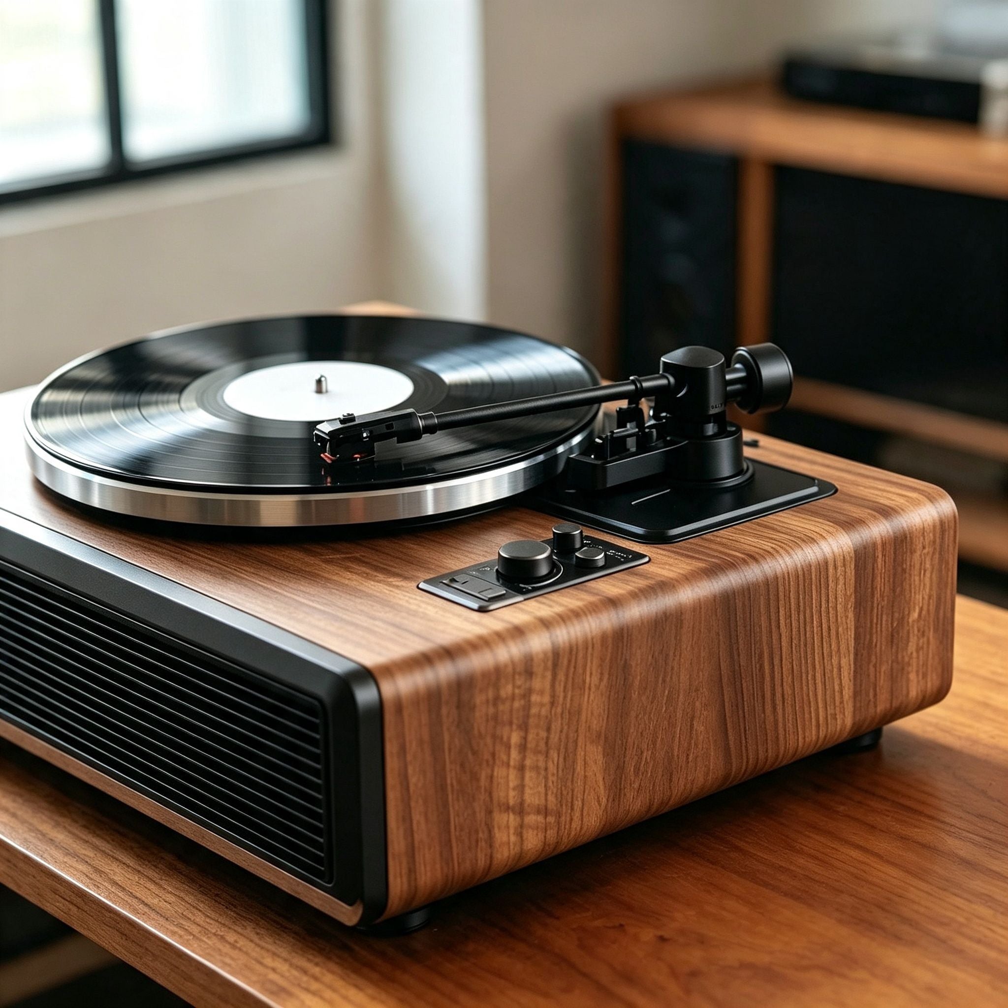 AUDURA Play Walnut wood finish and modern turntable design detail