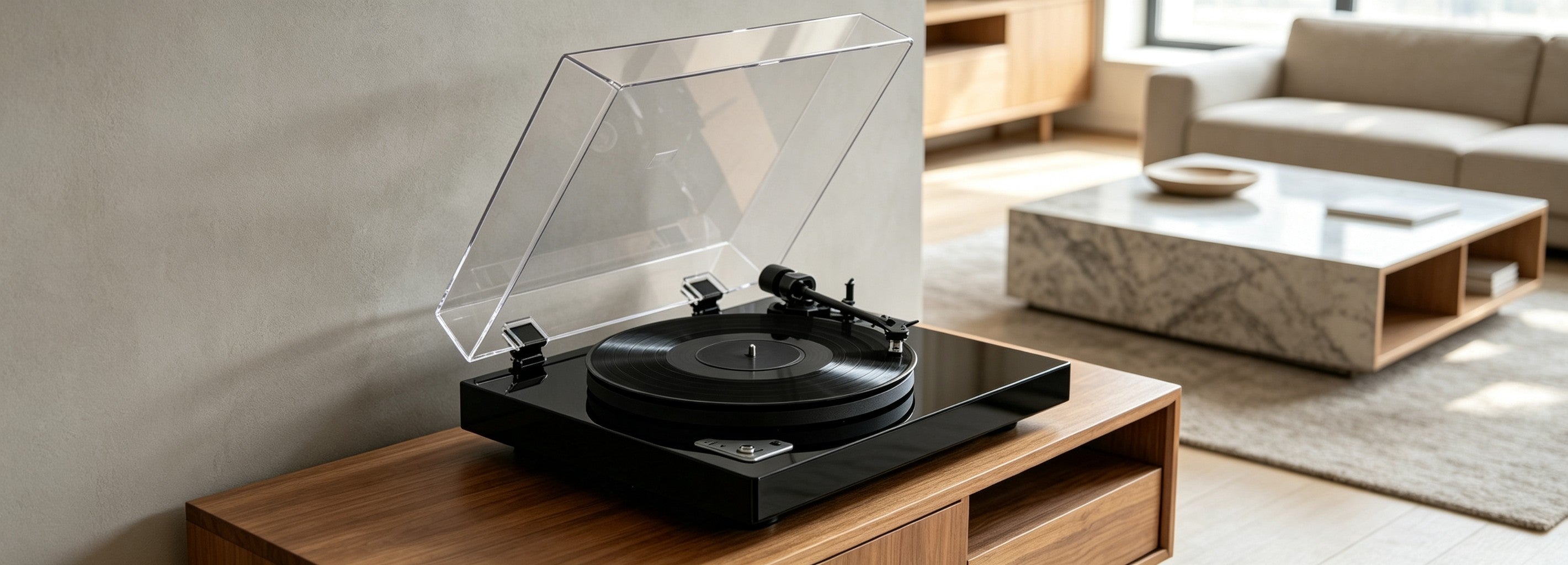 AUDURA Pure black belt-drive turntable in a modern minimalist home