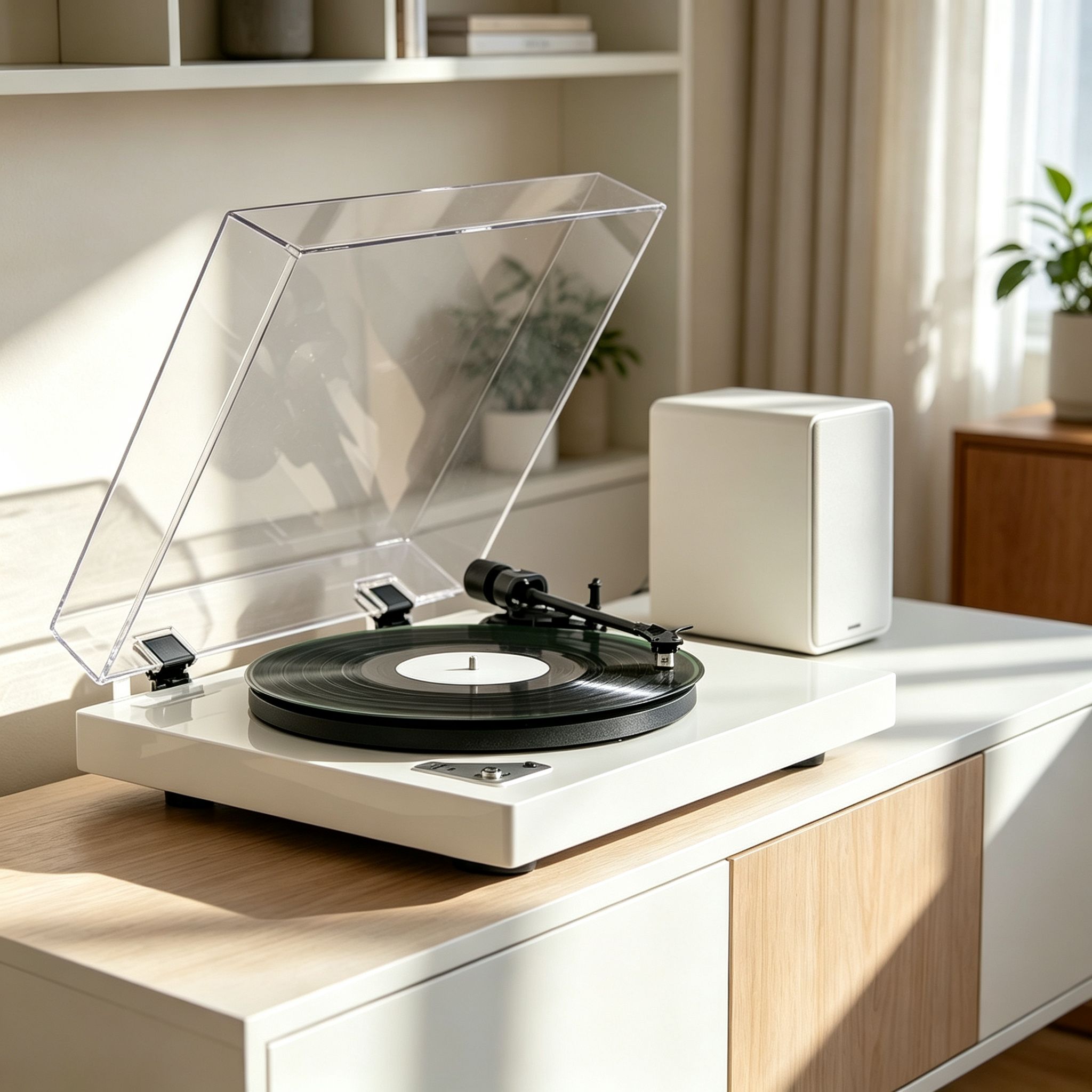 AUDURA Pure Bluetooth turntable connected to a wireless speaker