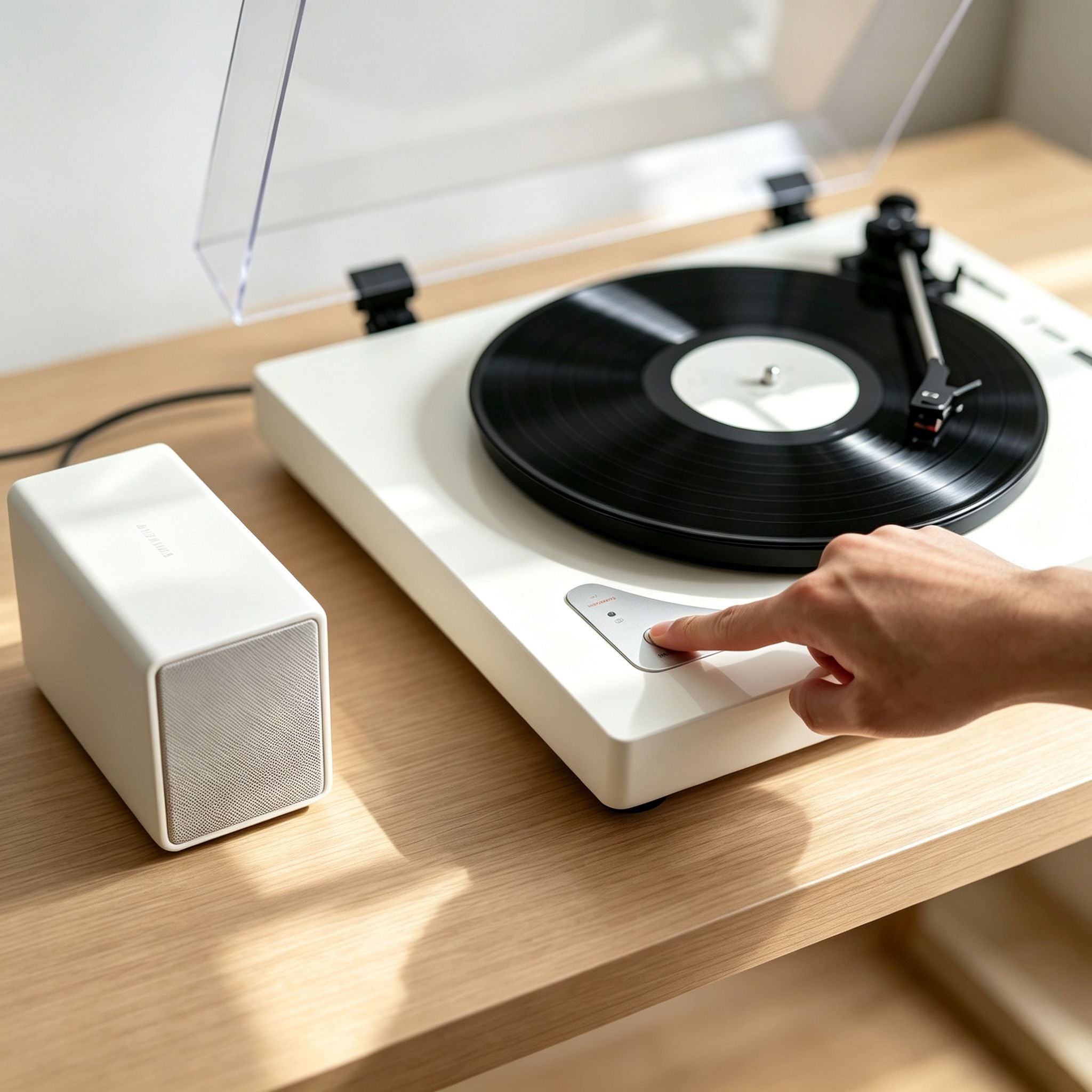 AUDURA Pure turntable connected to Bluetooth speaker or RCA audio system