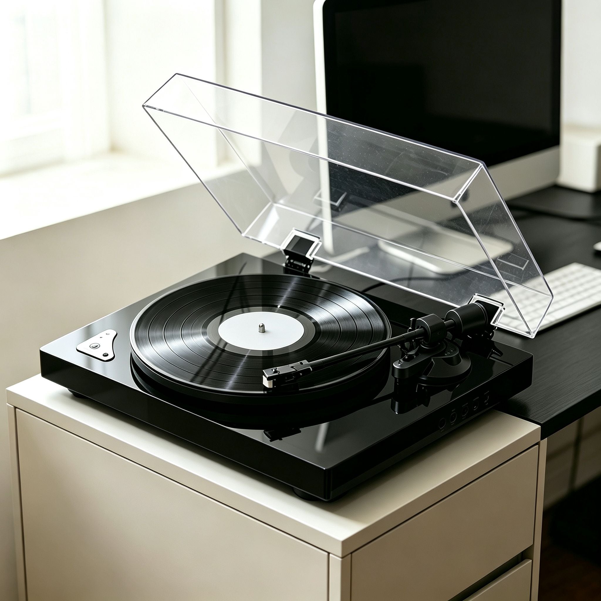 AUDURA Pure vinyl turntable in a modern home office