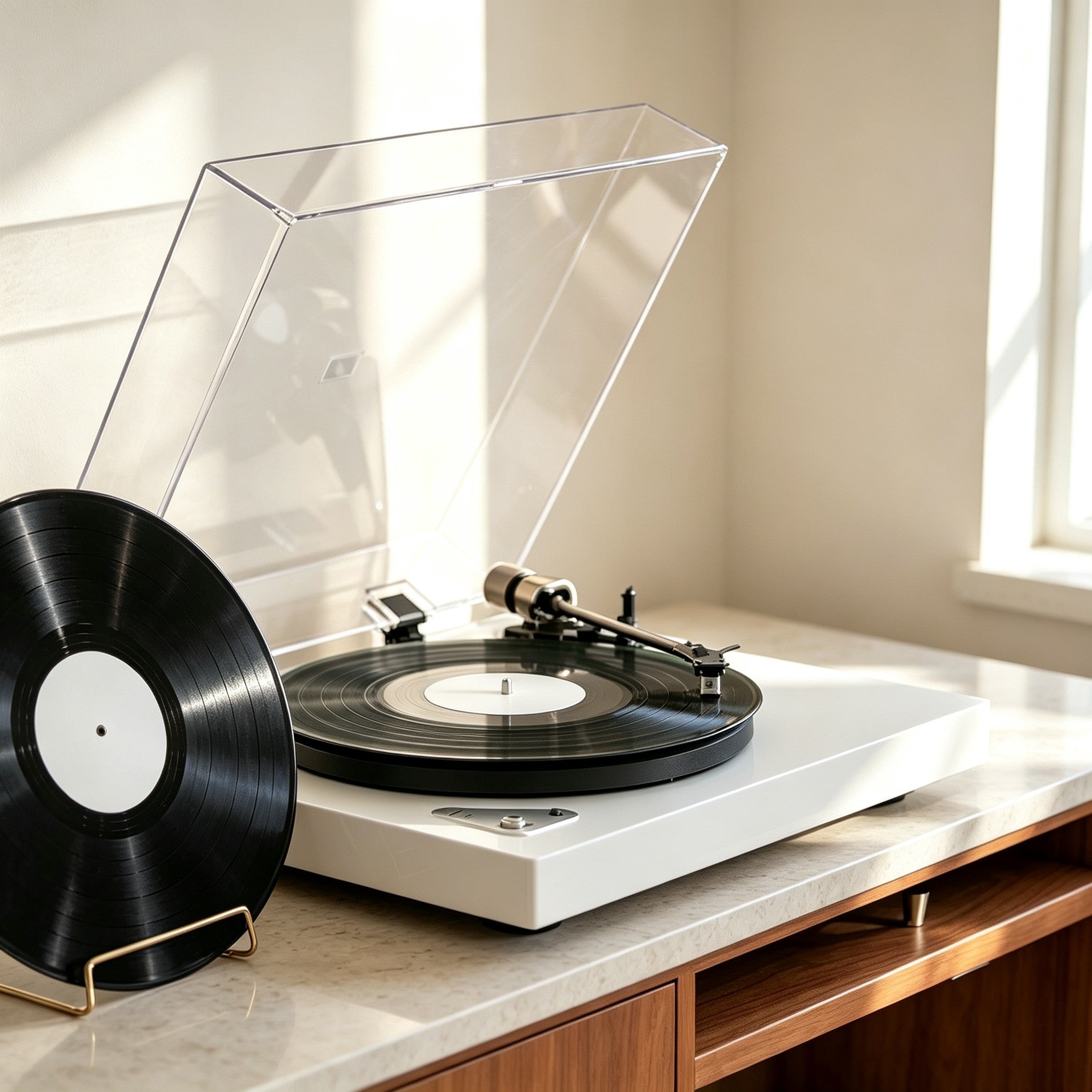 AUDURA Pure white minimalist Bluetooth belt drive turntable in modern home interior