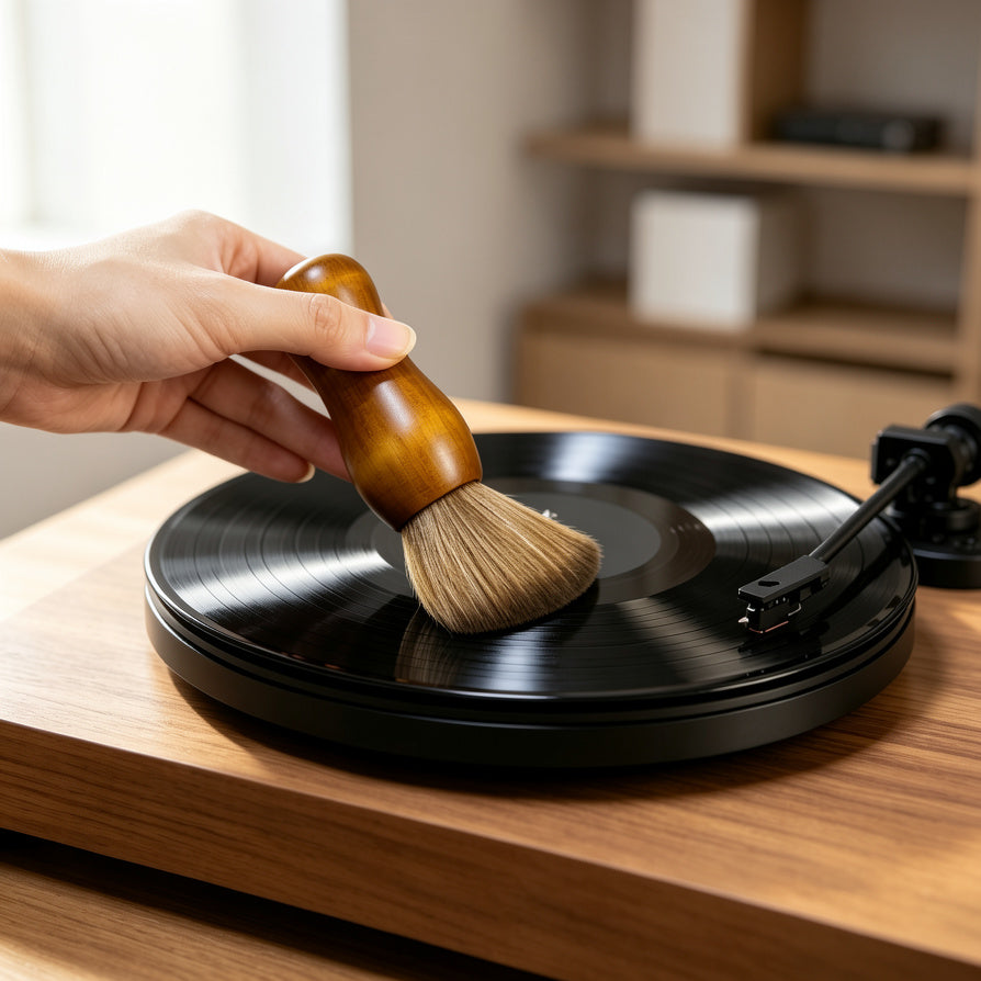AUDURA record cleaning brush removing dust from a vinyl record before playback