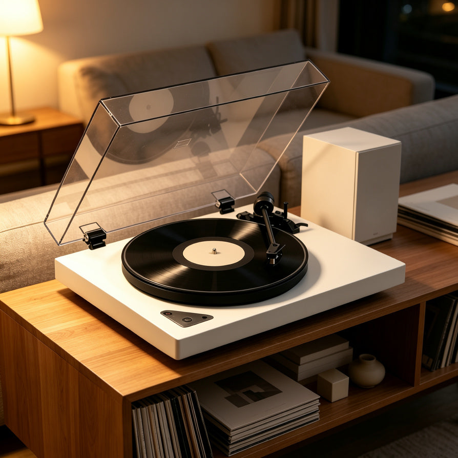 AUDURA turntable creating a relaxing evening vinyl listening experience