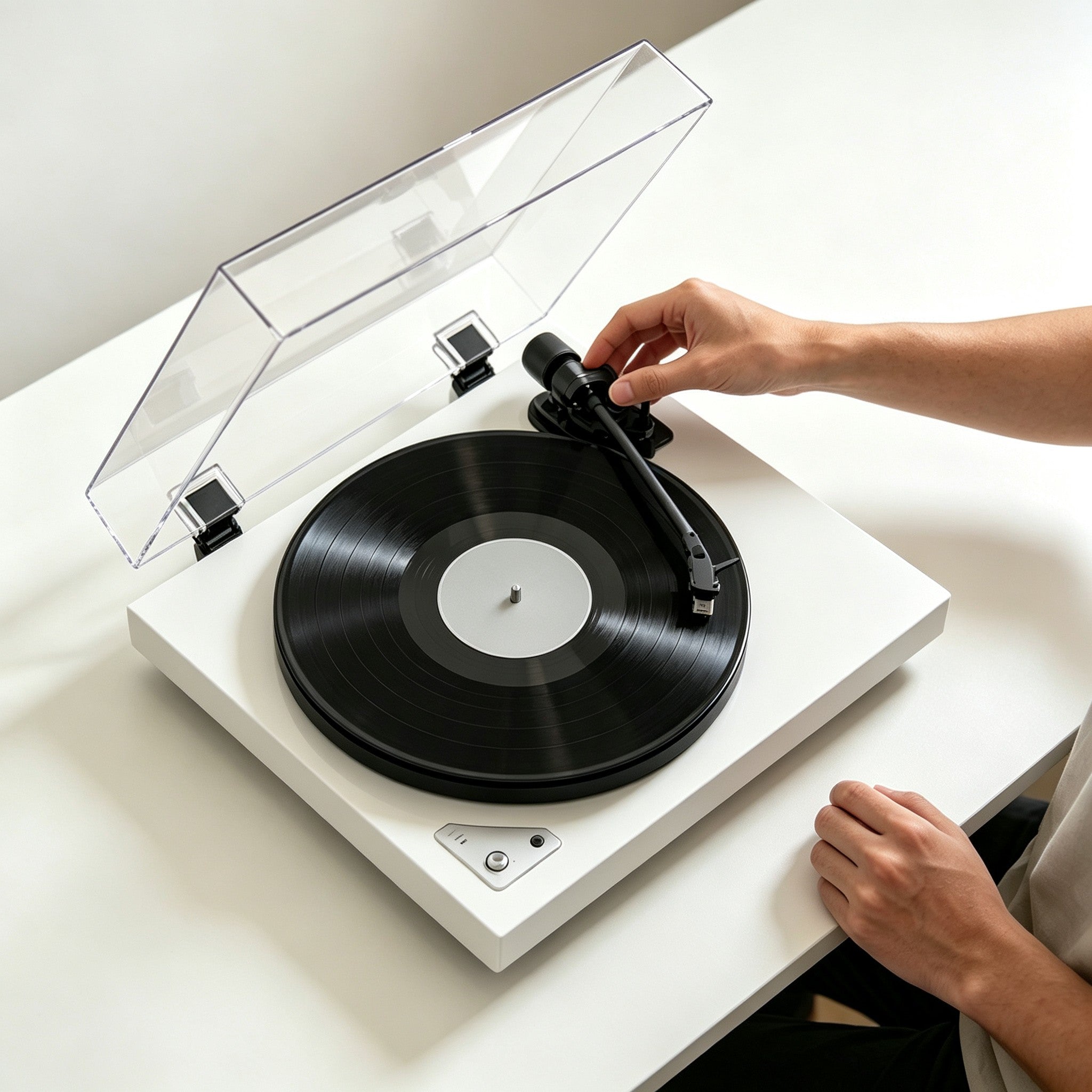 AUDURA turntable setup guide with tonearm adjustment and audio connection