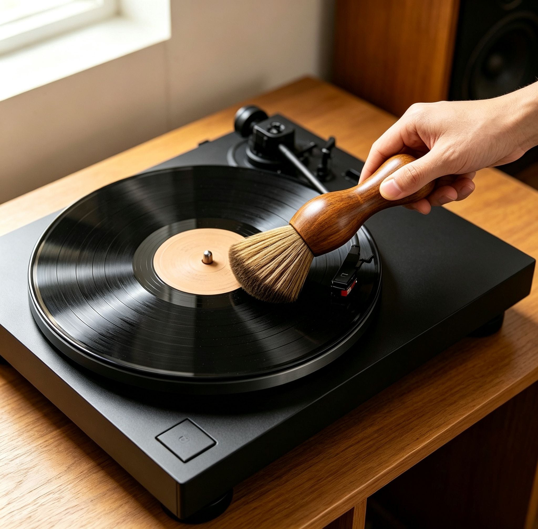 AUDURA vinyl record cleaning brush removing dust before playback