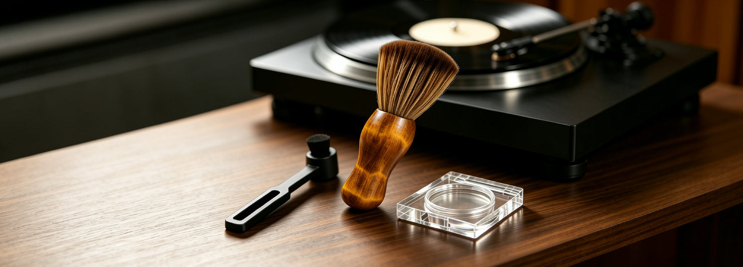 AUDURA vinyl record cleaning tools including anti-static brush and stylus care accessories