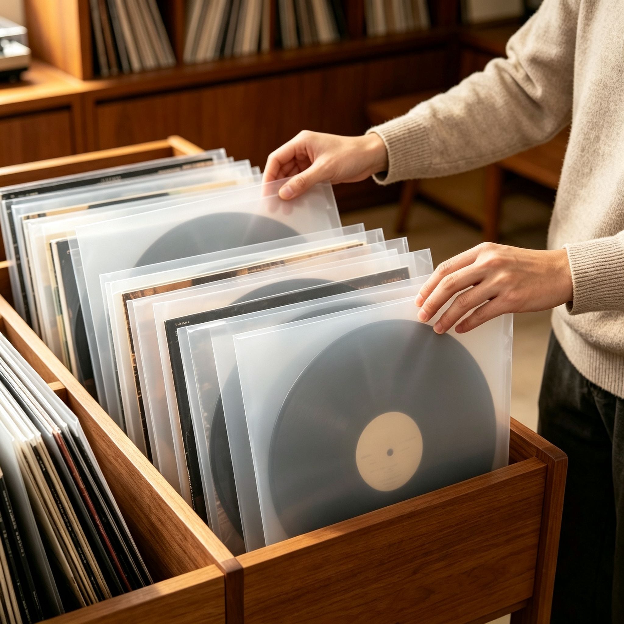 AUDURA archival inner and outer sleeves protecting vinyl record collection storage