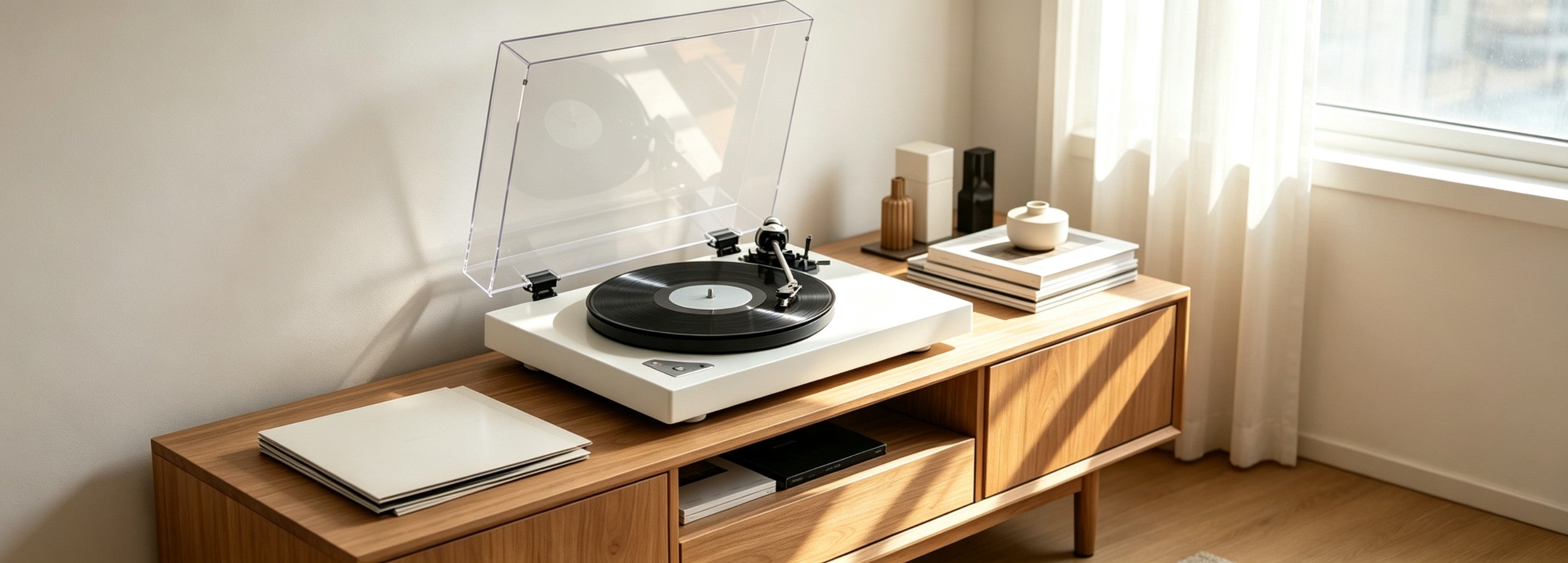 AUDURA vinyl system in a modern living room setup for personalized vinyl listening experience