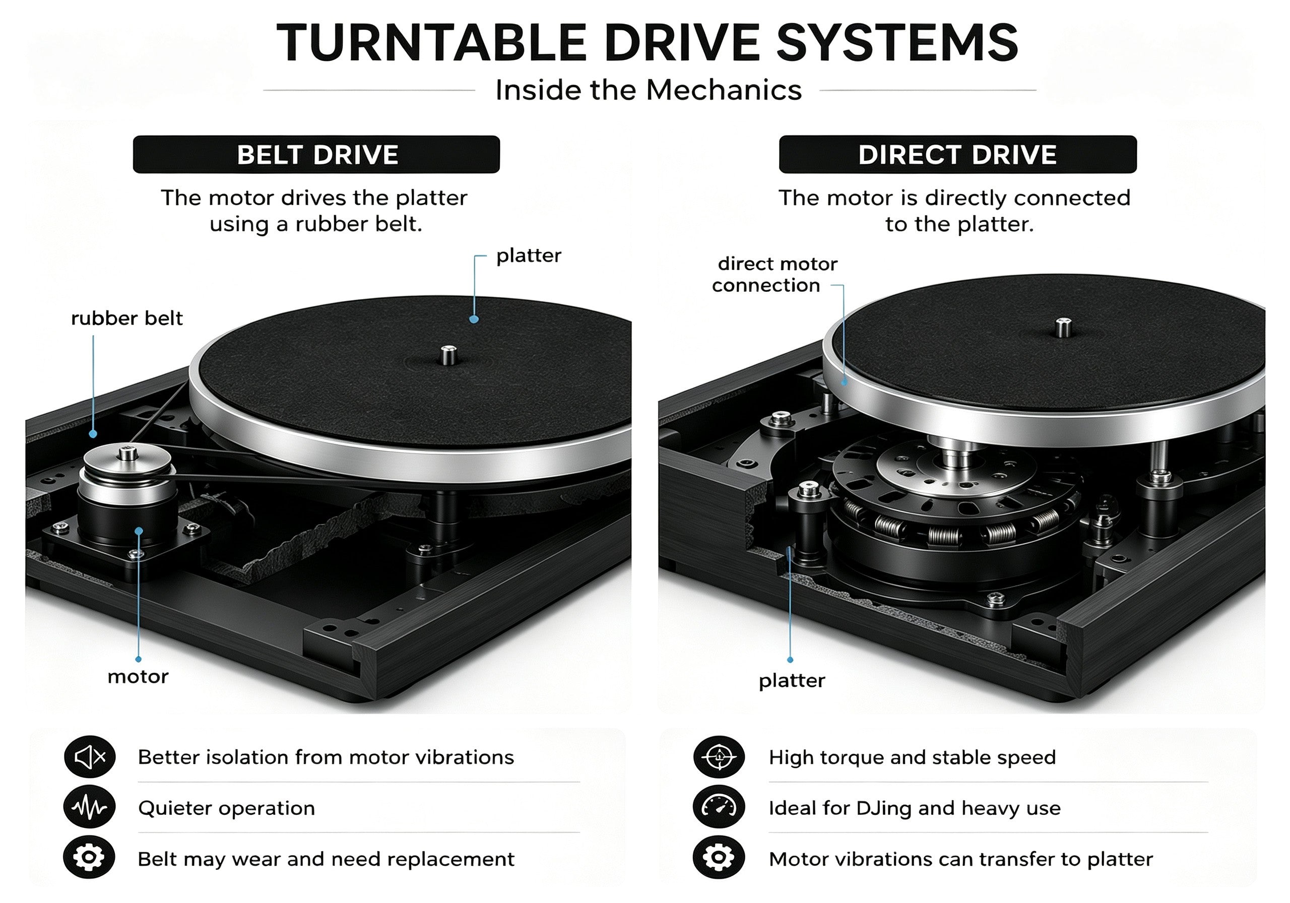Difference between belt drive and direct drive turntables