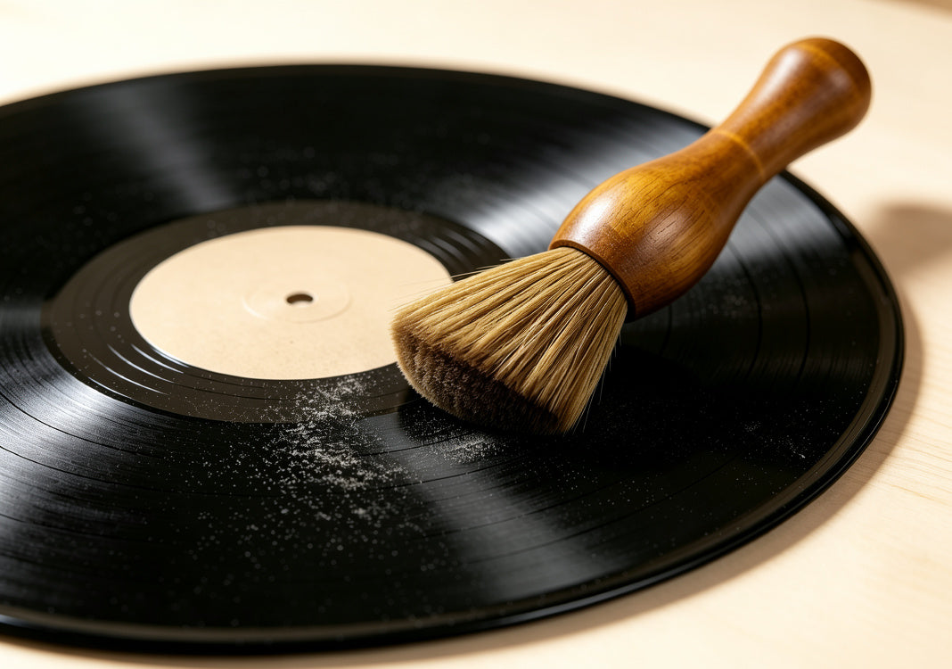 Dust on vinyl record grooves cleaned by AUDURA brush